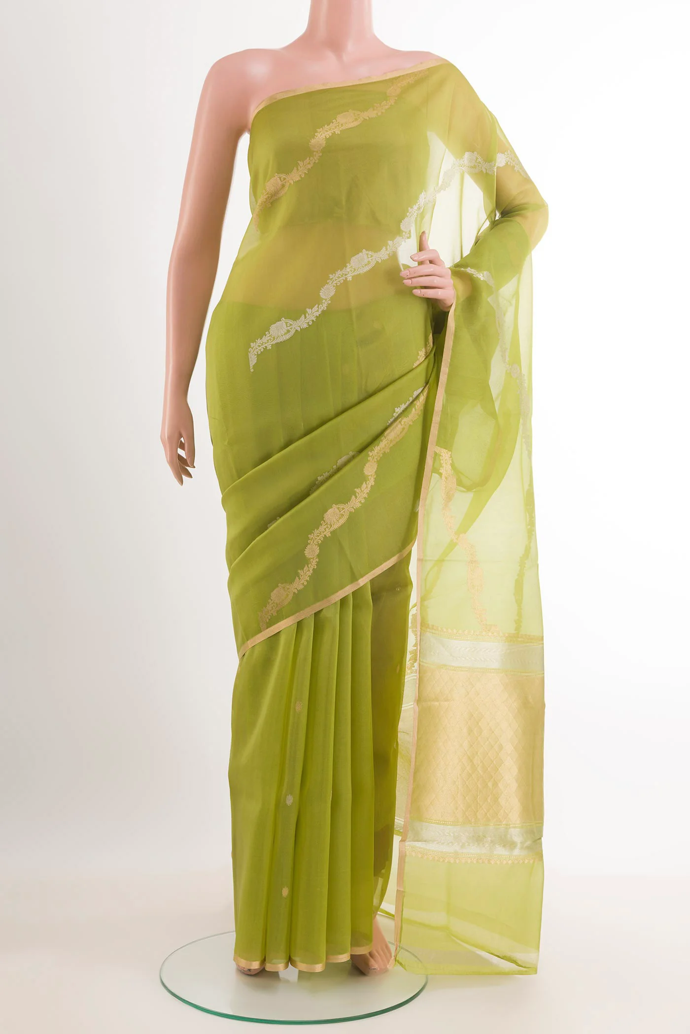 Green Banarasi Kora Silk Saree