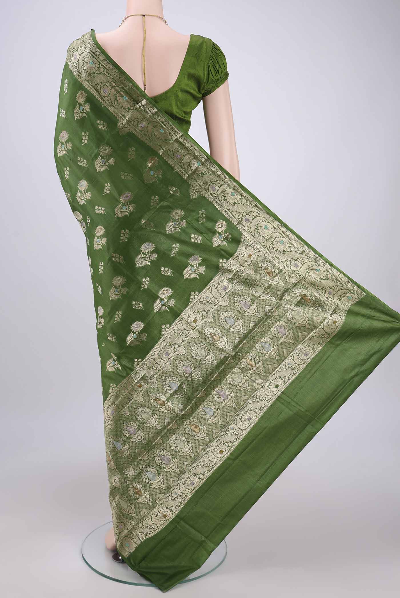 Green Banarasi Tussar Silk Saree - Image 3
