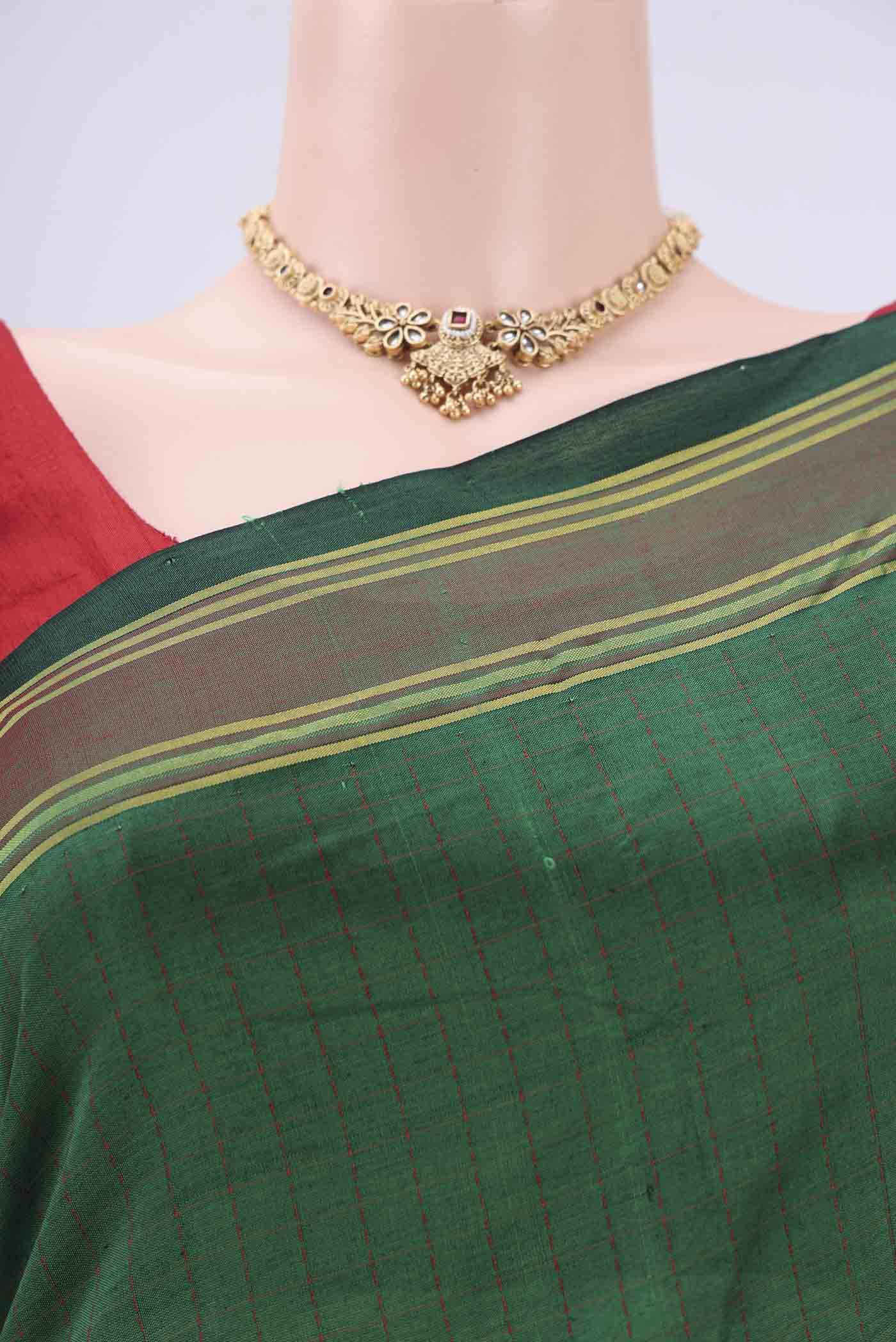 Green Blended Poly Cotton Saree - Image 2
