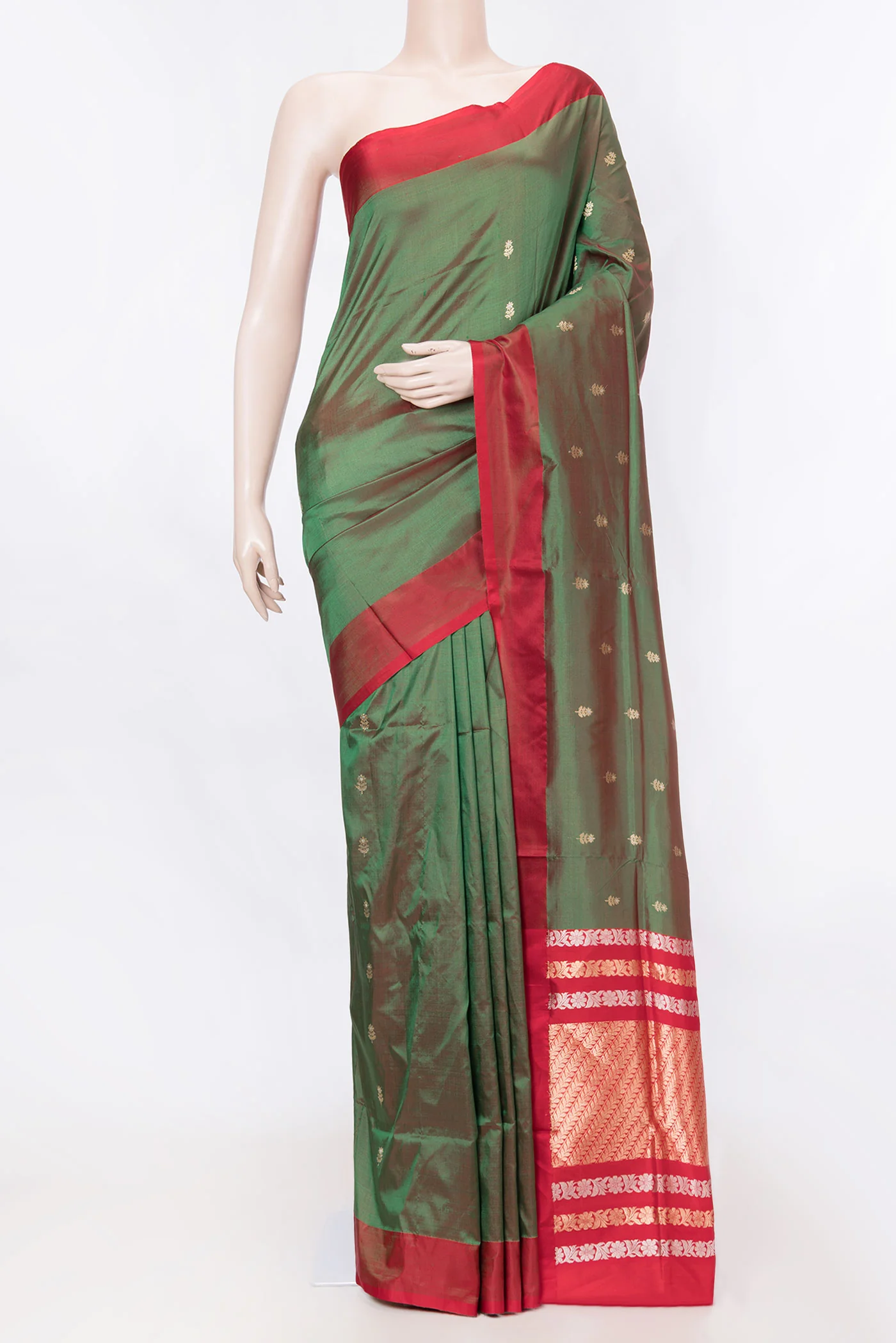 Bottle Green with Red Color Banarasi Katan Silk Saree