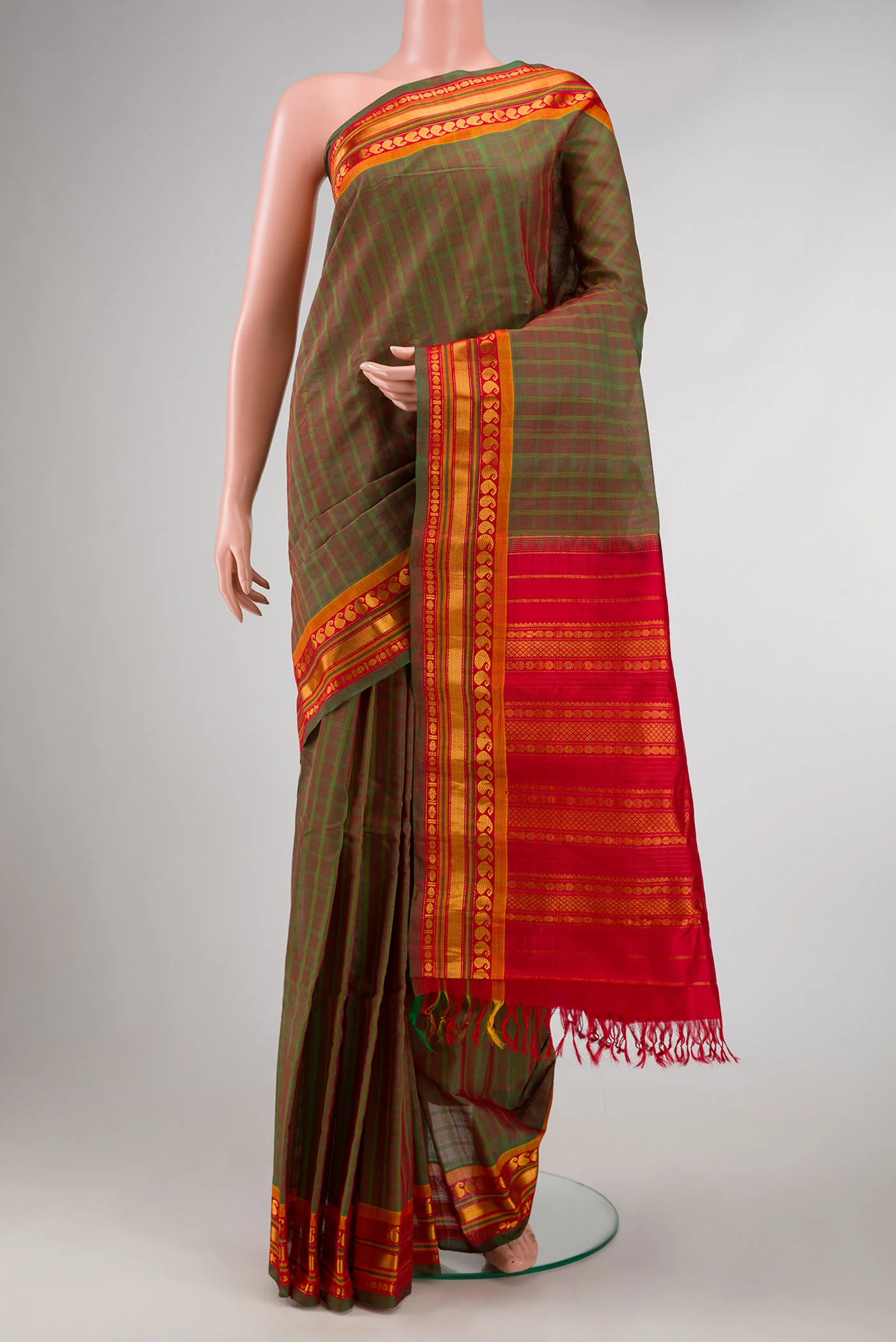 Green with Red Color Gadwal cotton Saree