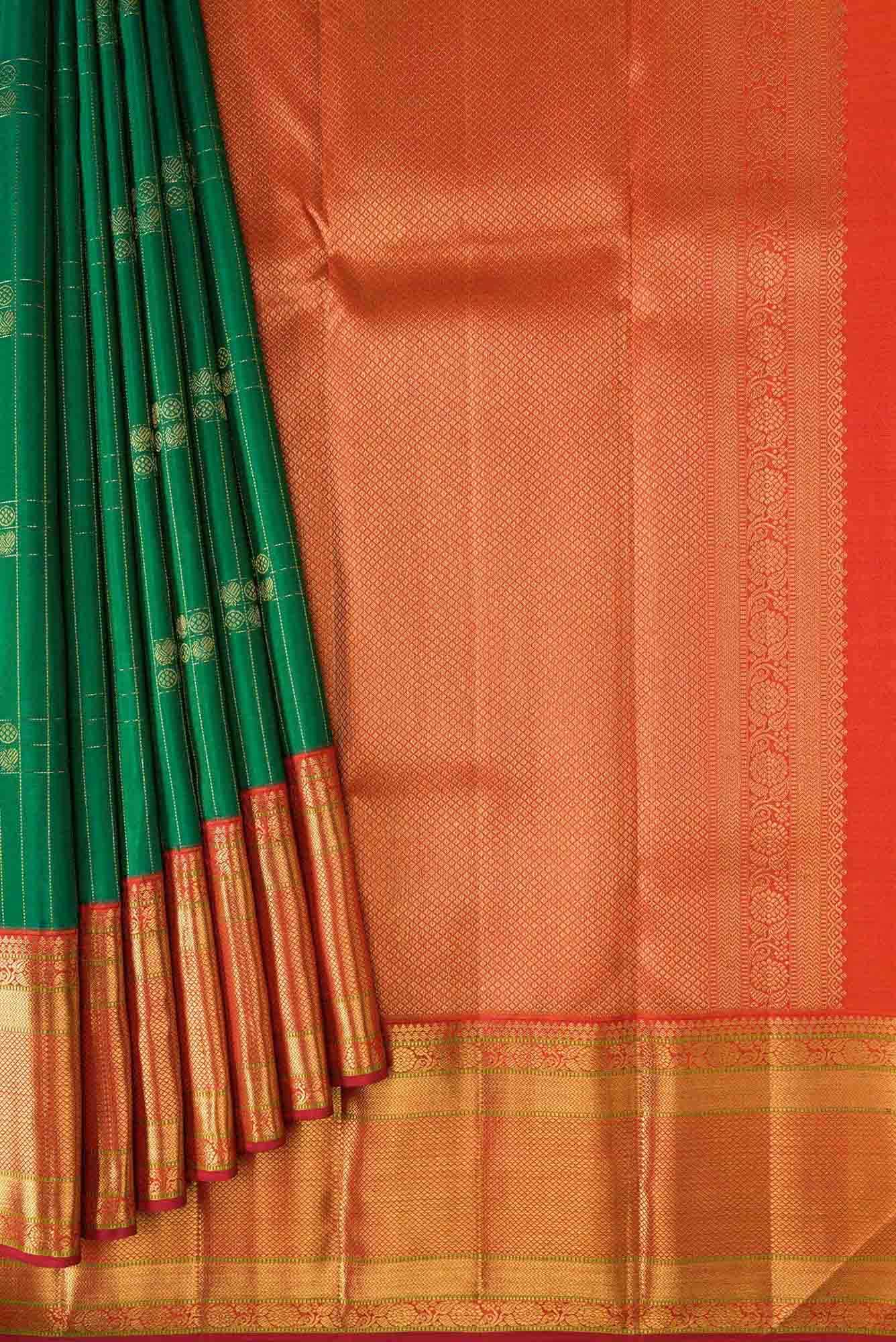 Pure Silk Pure Zari Green Dual Tone Kanjivaram Saree - Image 2