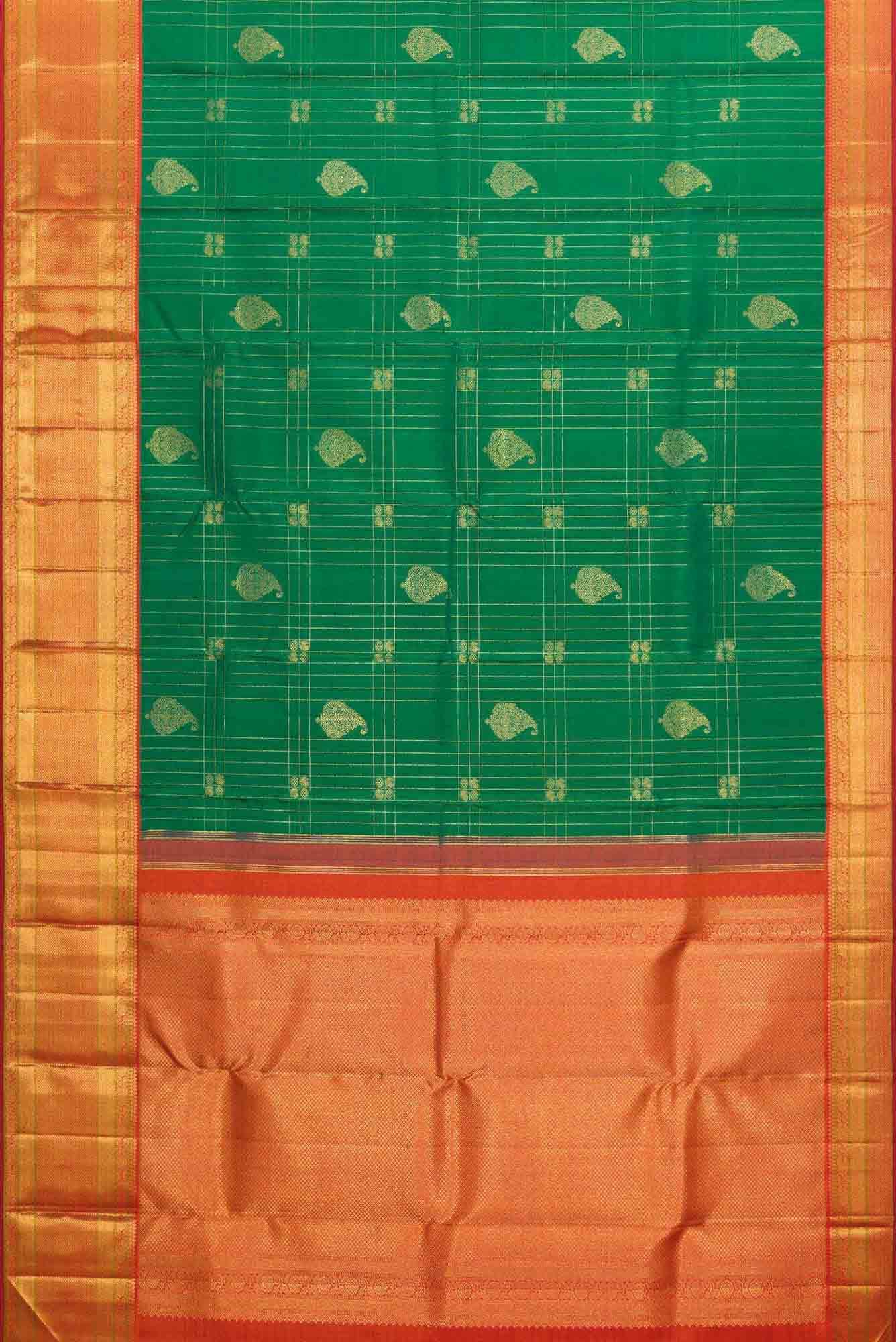 Pure Silk Pure Zari Green Dual Tone Kanjivaram Saree - Image 4
