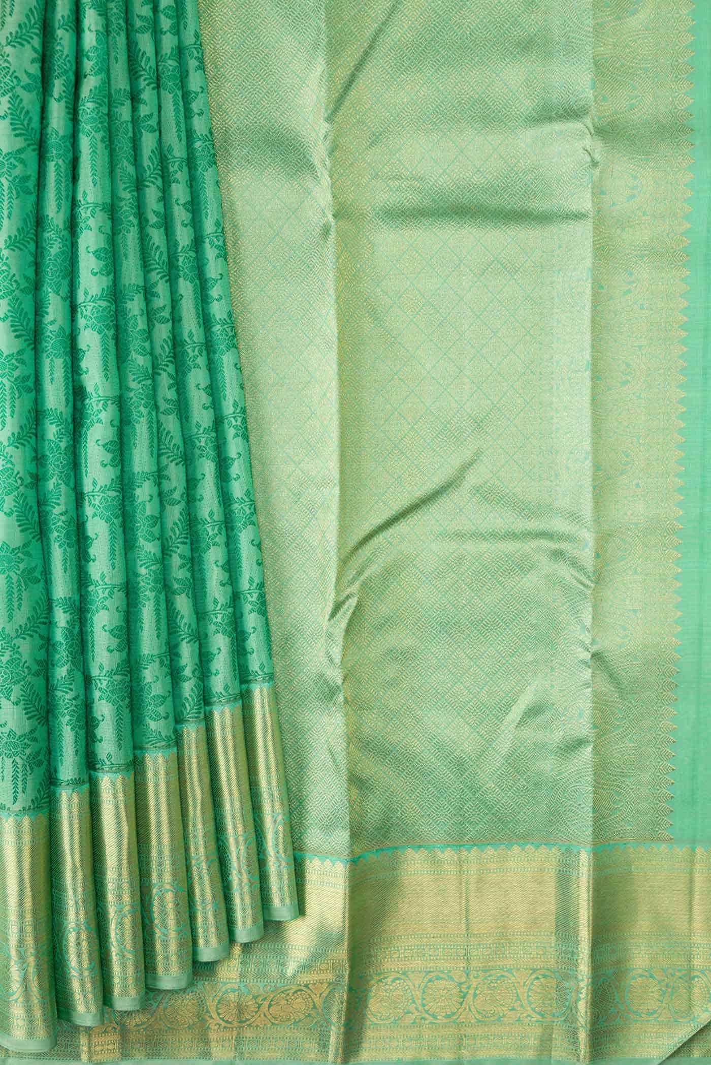Pure Silk Pure Zari Green Dual Tone Kanchipuram Saree - Image 2