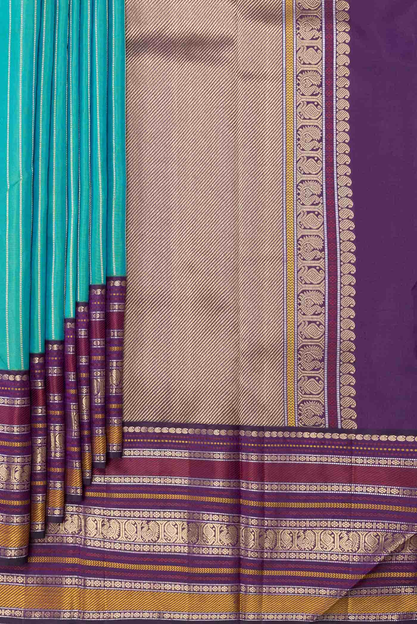 Pure Silk Pure Zari Blue with Green Color Kanchipuram Saree - Image 2