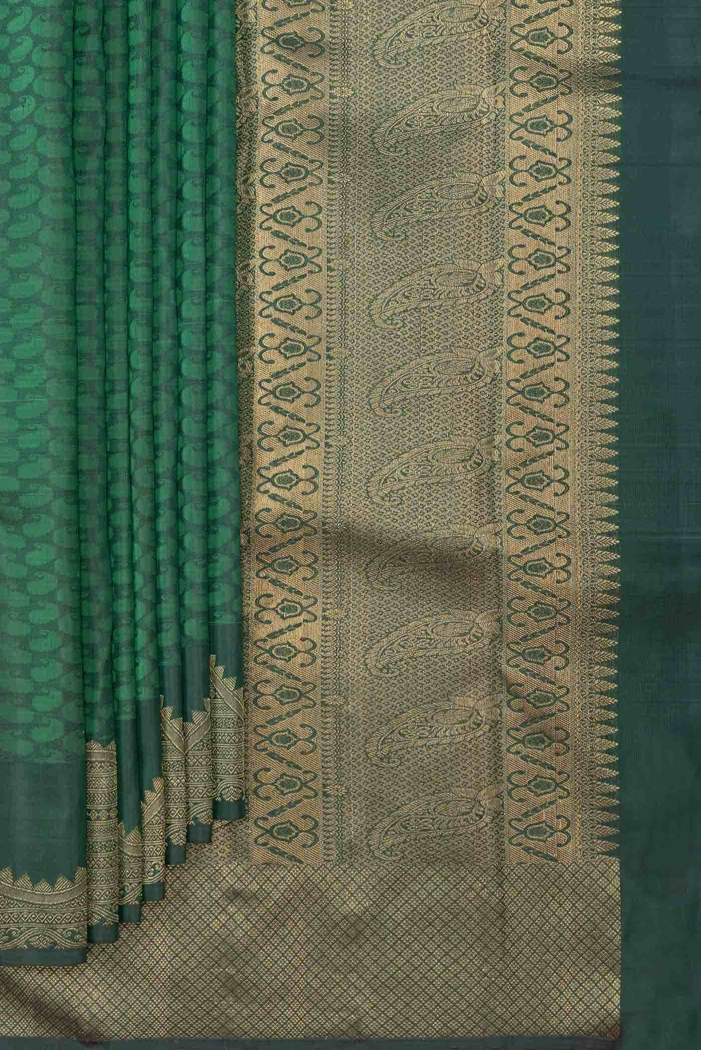 Pure Silk Pure Zari Green Dual Tone Kanchipuram Saree - Image 2