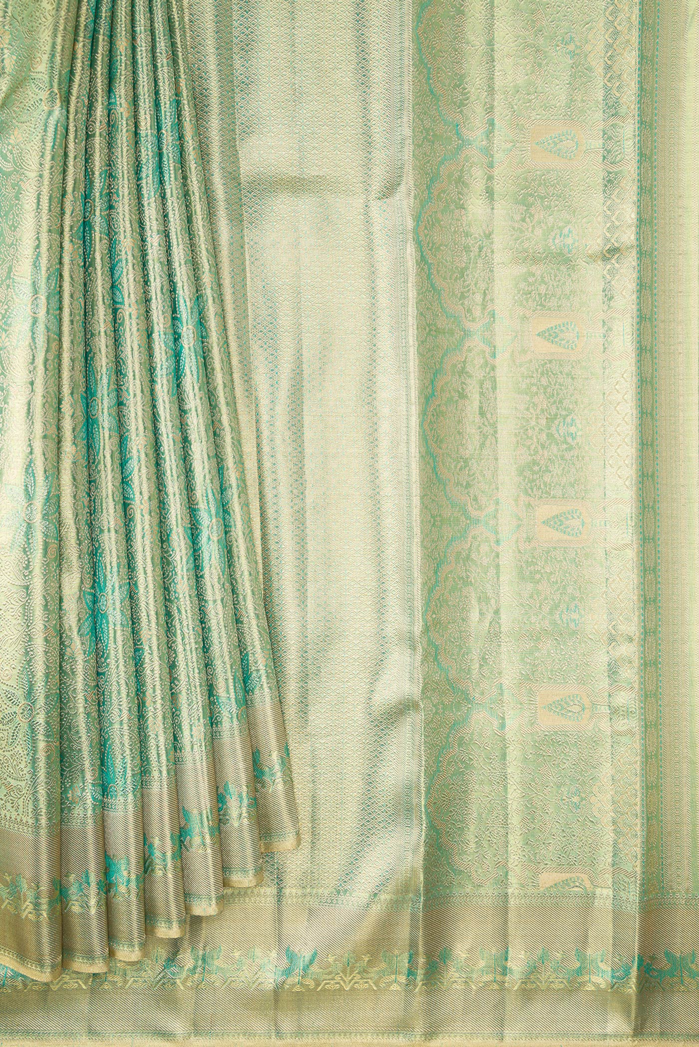 Sea Green with Gold Color Kanjivaram Tissue Silk Saree - Image 4