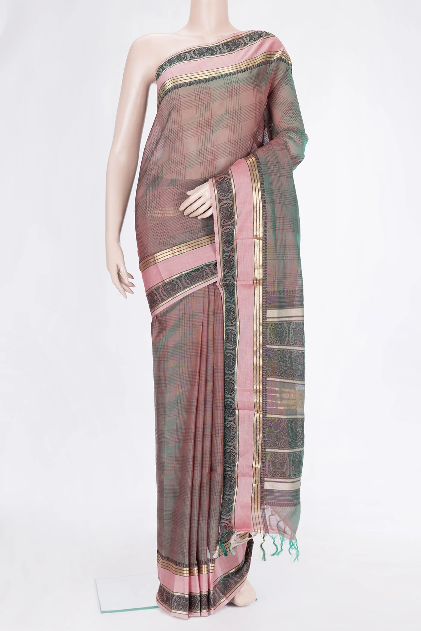 Green with Rose Pink Color Silk Cotton Saree