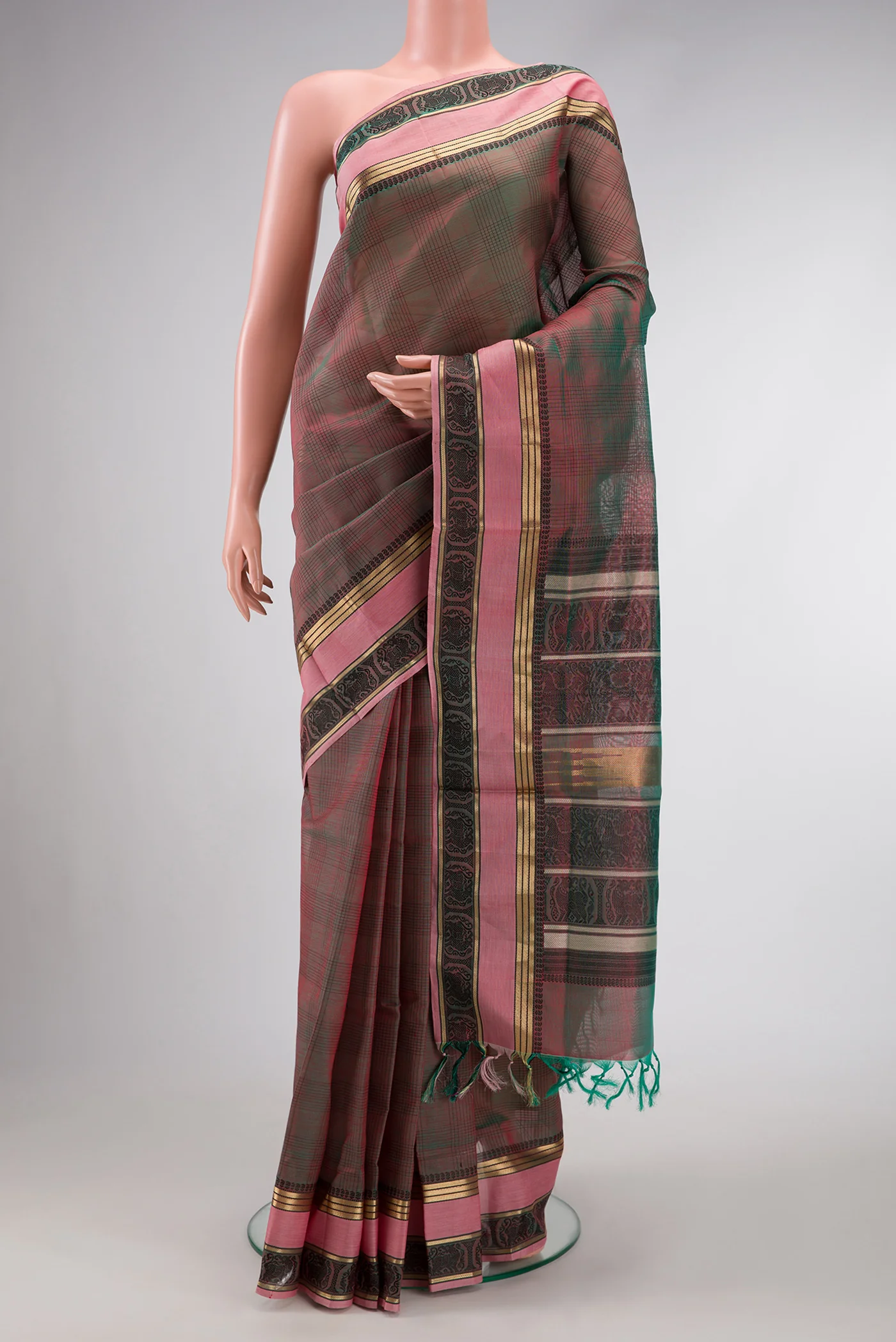 Green with Pink Color Silk Cotton Saree