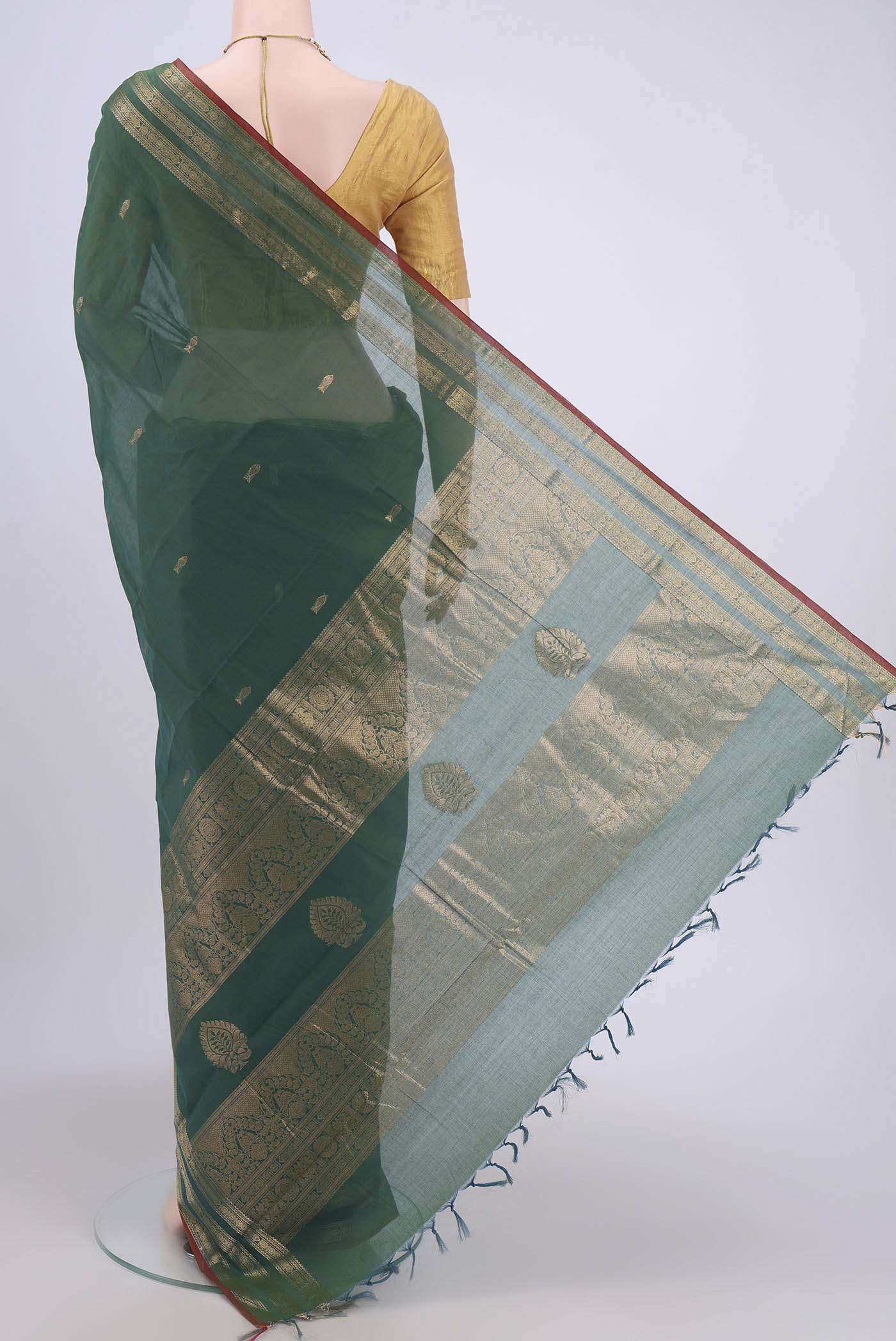 Green with Blue Color Kanchi Cotton Saree - Image 3
