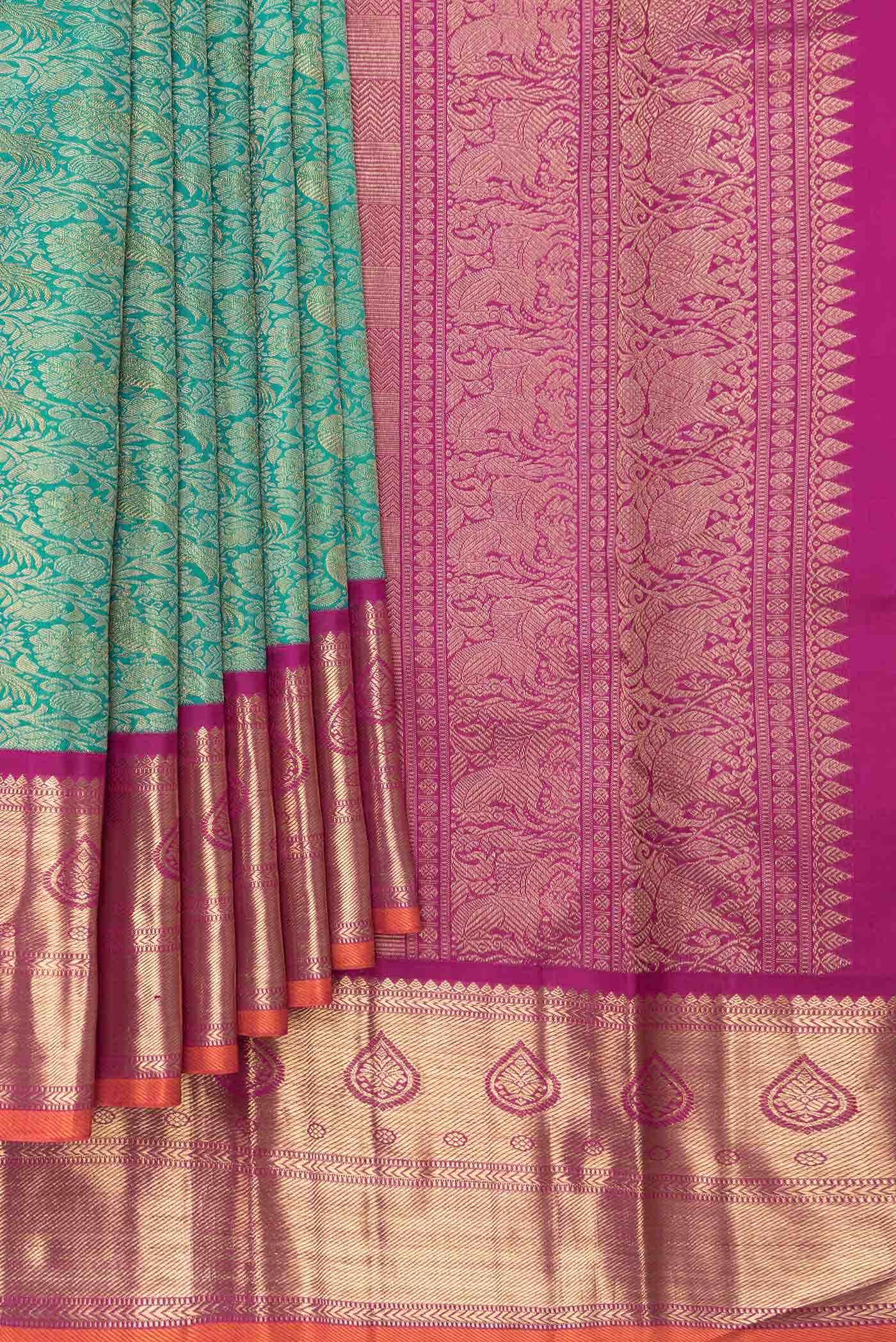 Pure Silk Pure Zari Green Kanjivaram Saree - Image 2