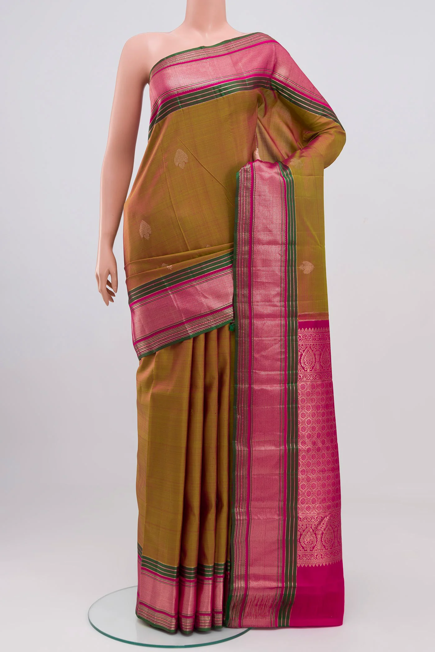 Green with Pink Color Kanjivaram Silk Saree
