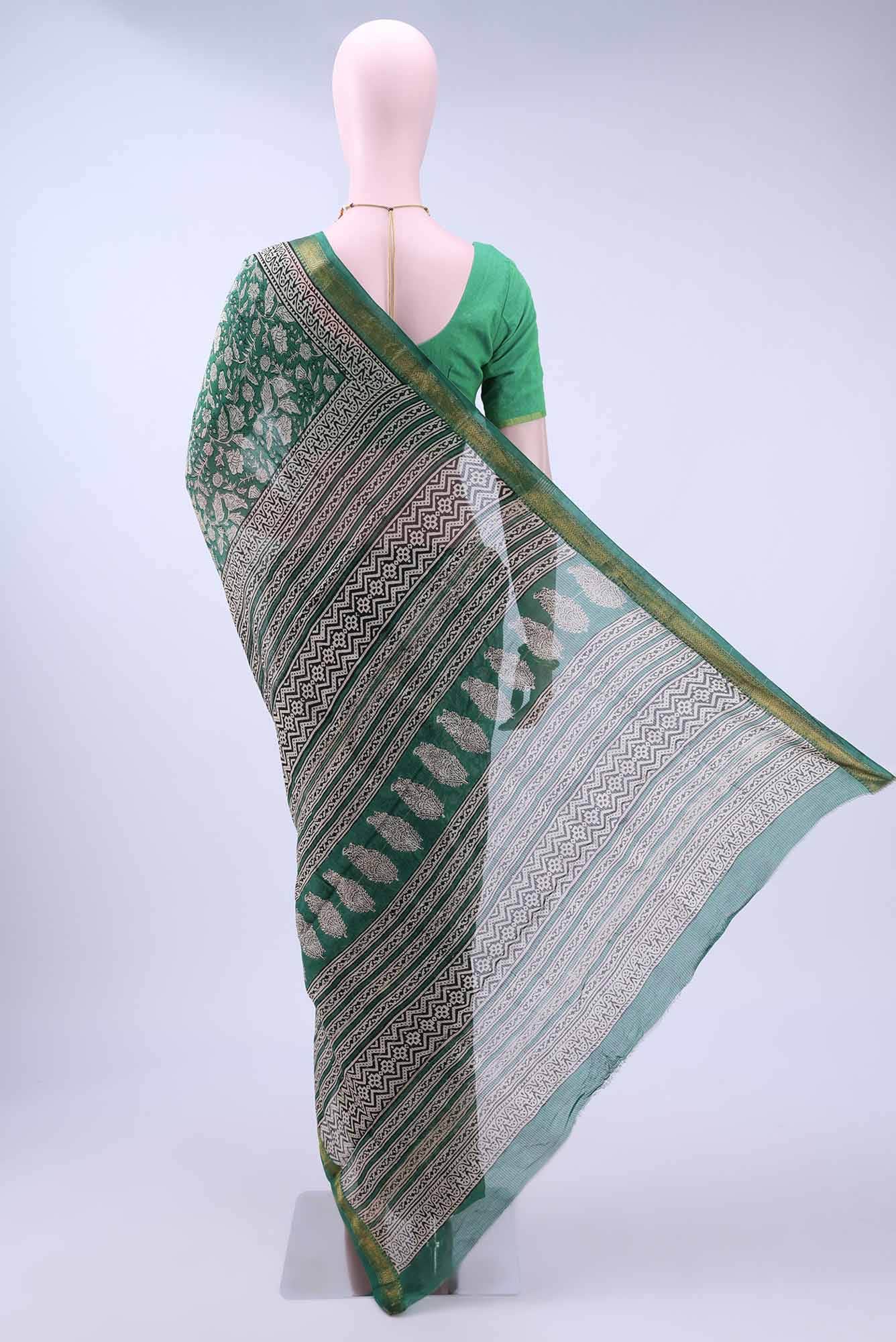 Green Maheshwari Silk Cotton Saree - Image 3