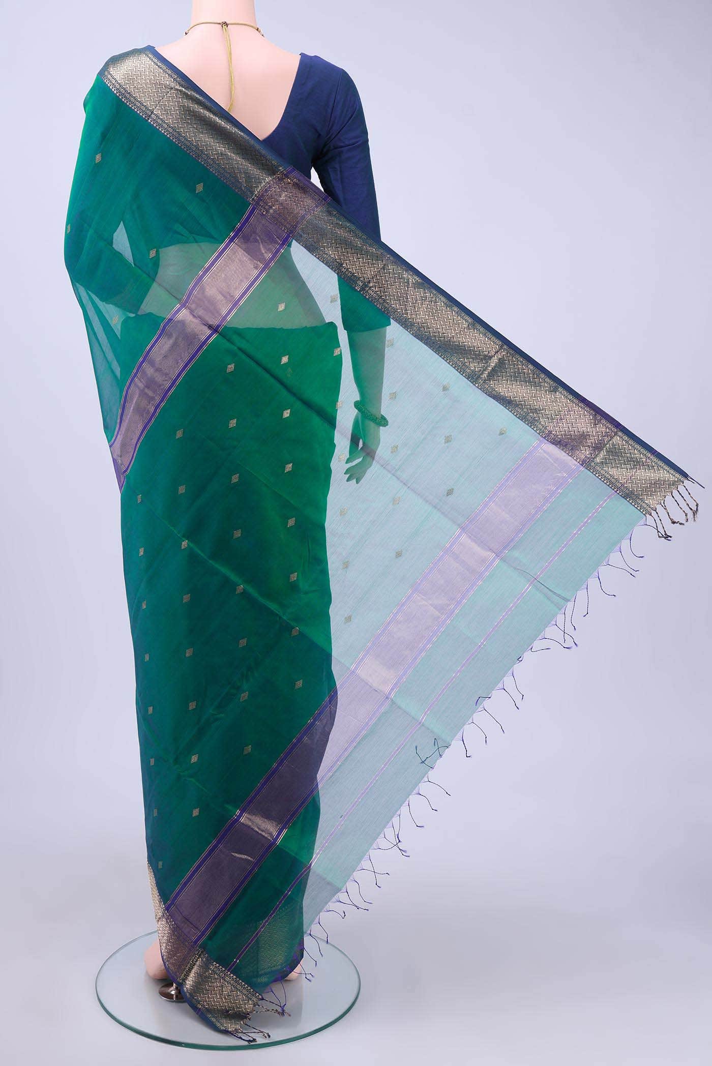 Green Maheshwari Silk Cotton Saree - Image 2