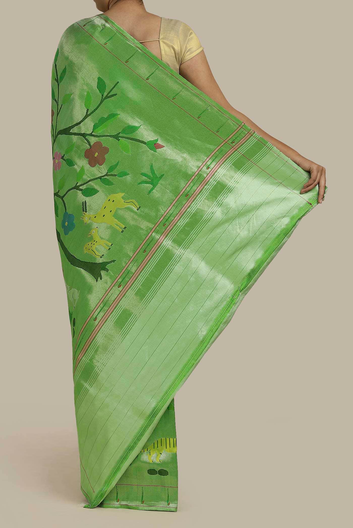 Pure Silk Pure Zari Green Paithani Saree - Image 2