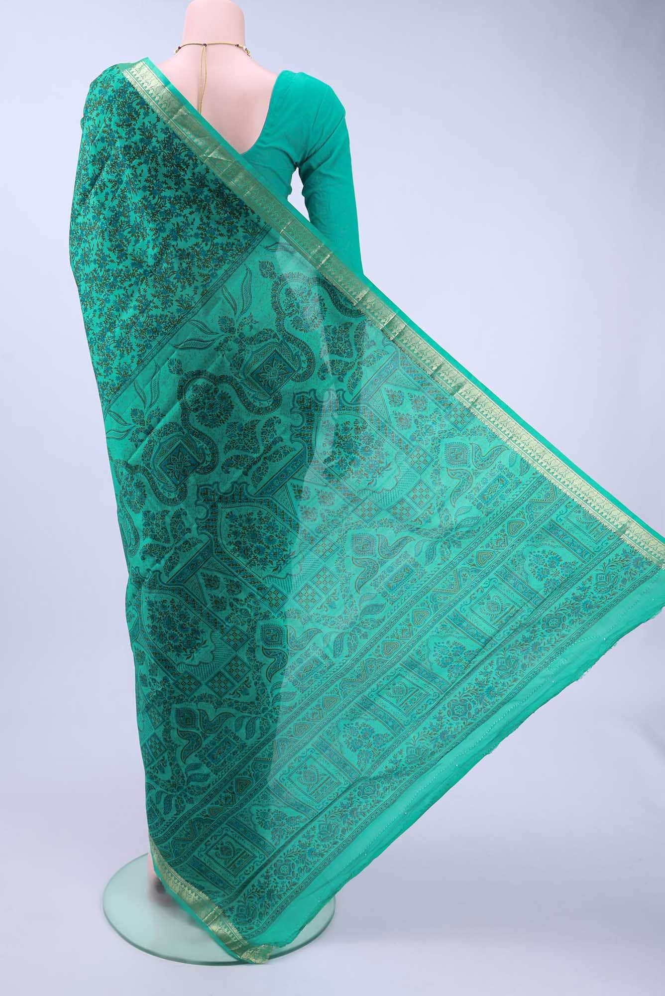 Green Printed Silk Saree - Image 3