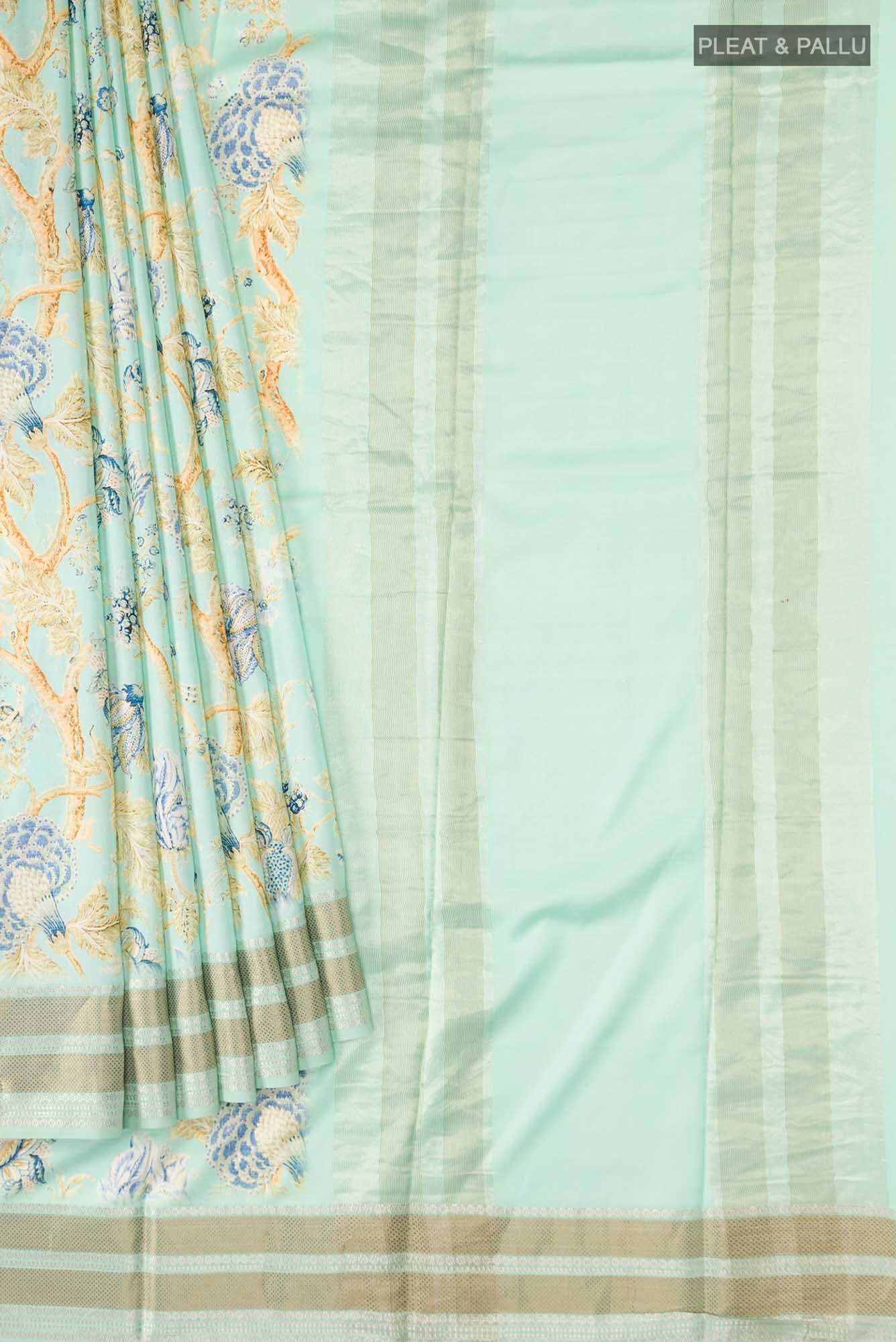 Light Blue Printed Silk Saree - Image 2