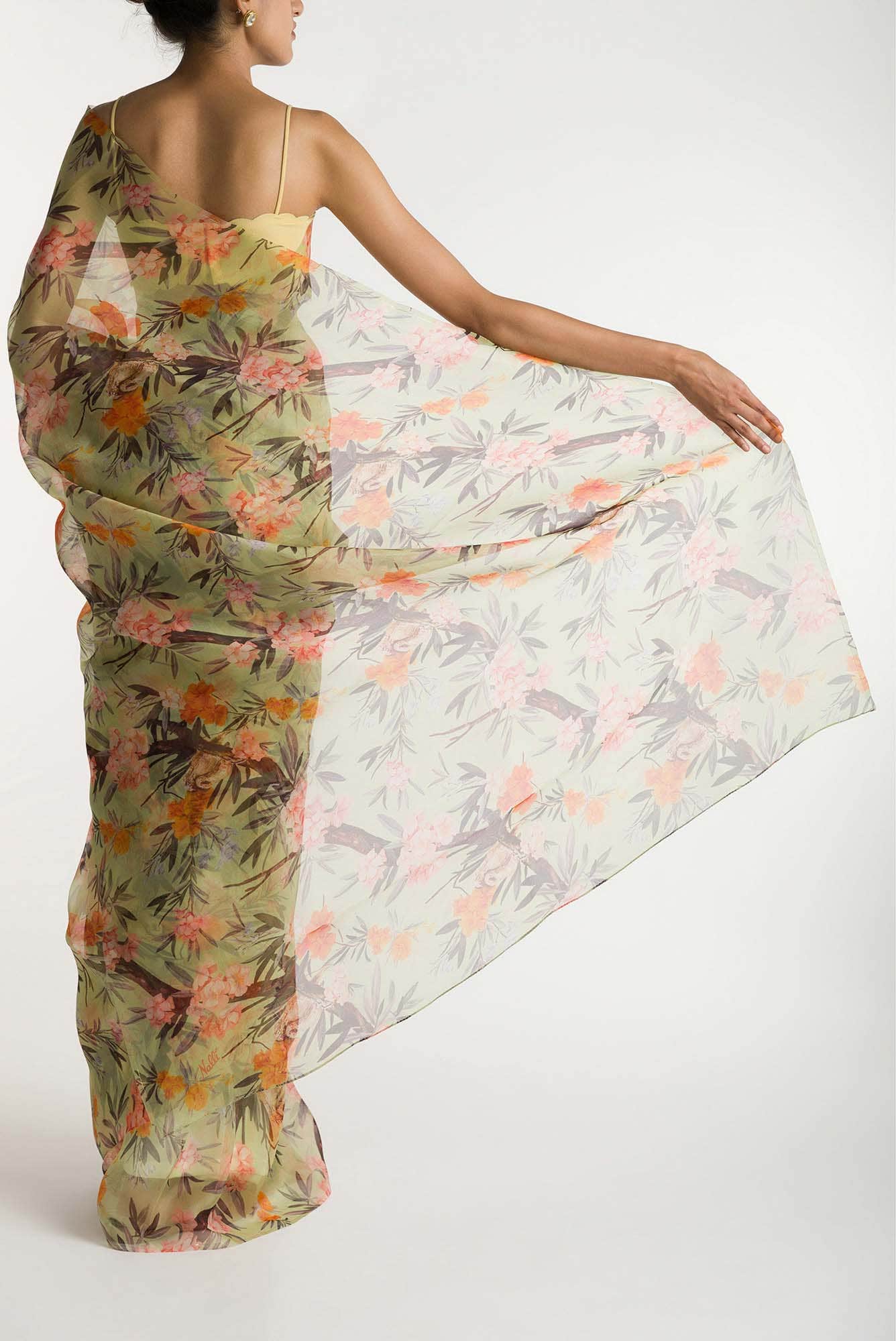 Tropical Parrots Pista Green Pure Organza Silk Saree - Image 3