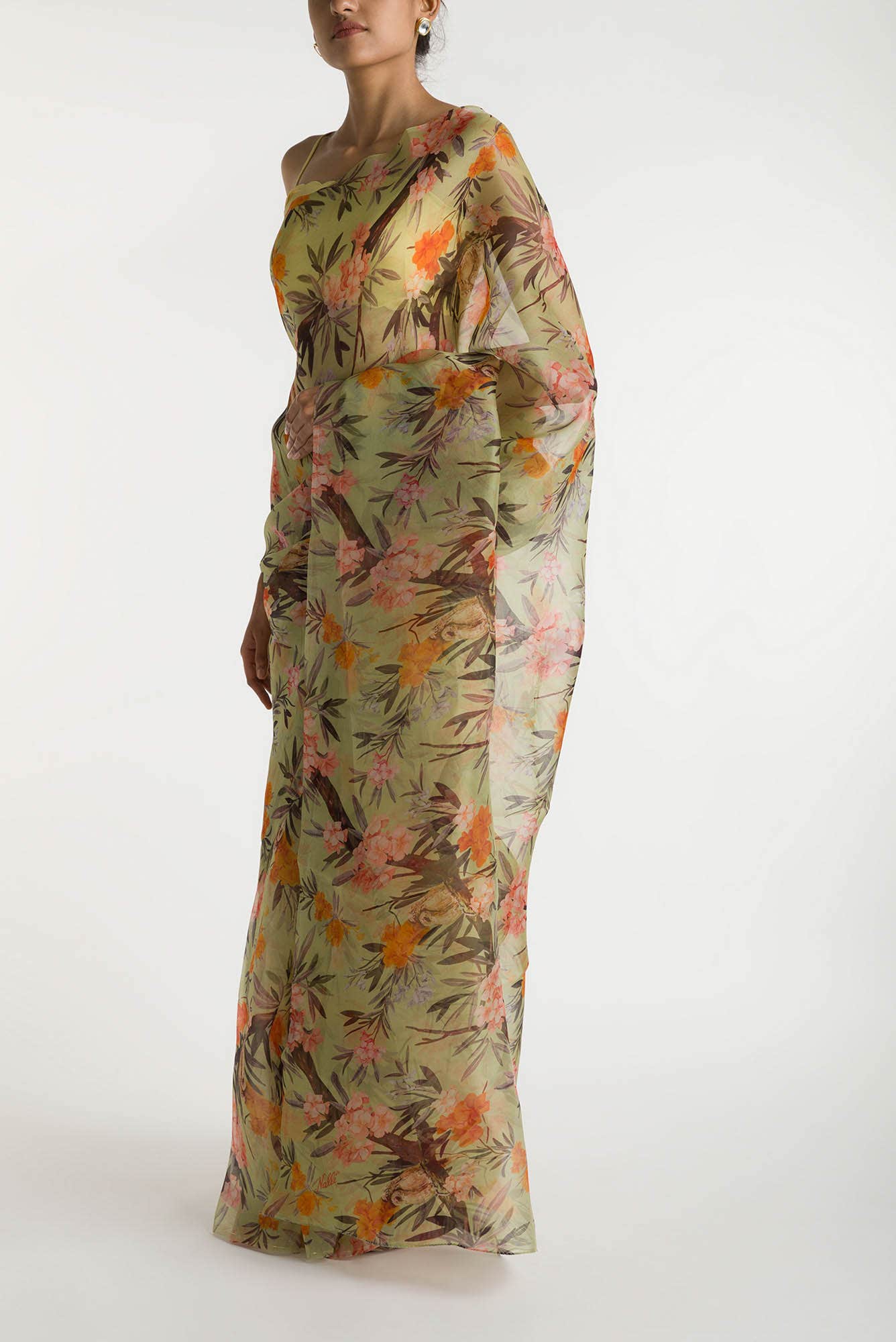 Tropical Parrots Pista Green Pure Organza Silk Saree - Image 4