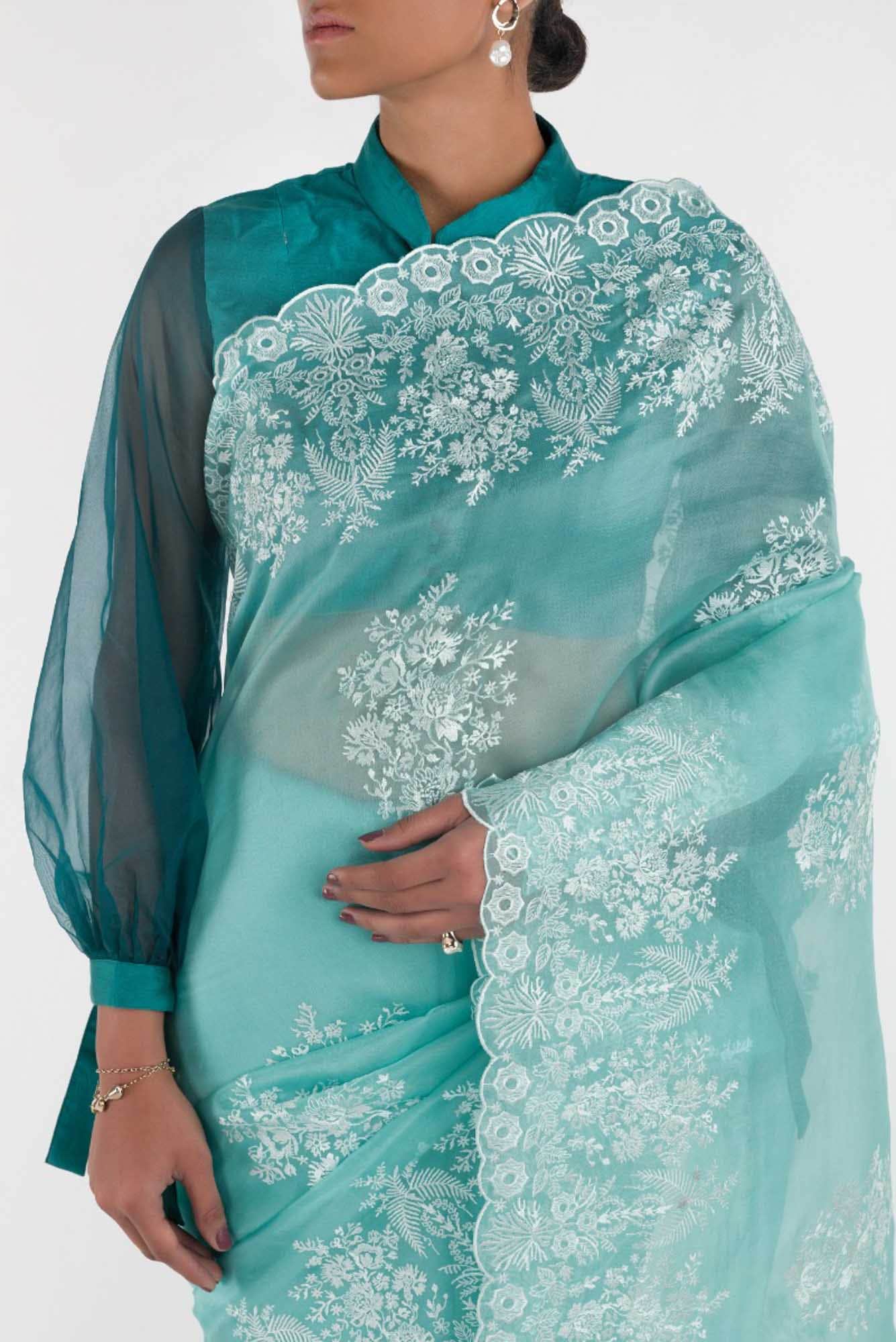Minerva Turquoise floral design saree from Embroidered Romance Collection by Nalli - Image 2