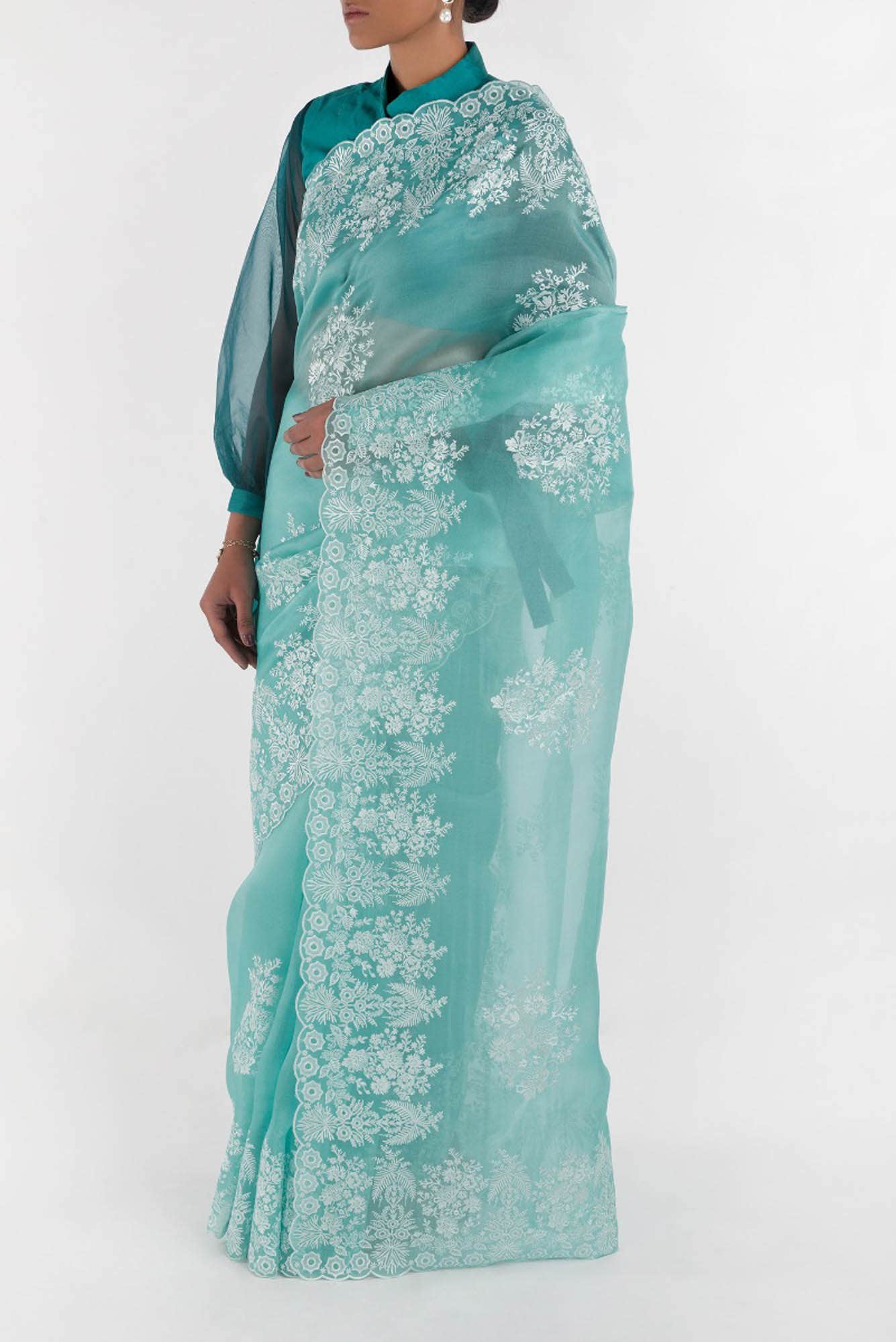 Minerva Turquoise floral design saree from Embroidered Romance Collection by Nalli - Image 4