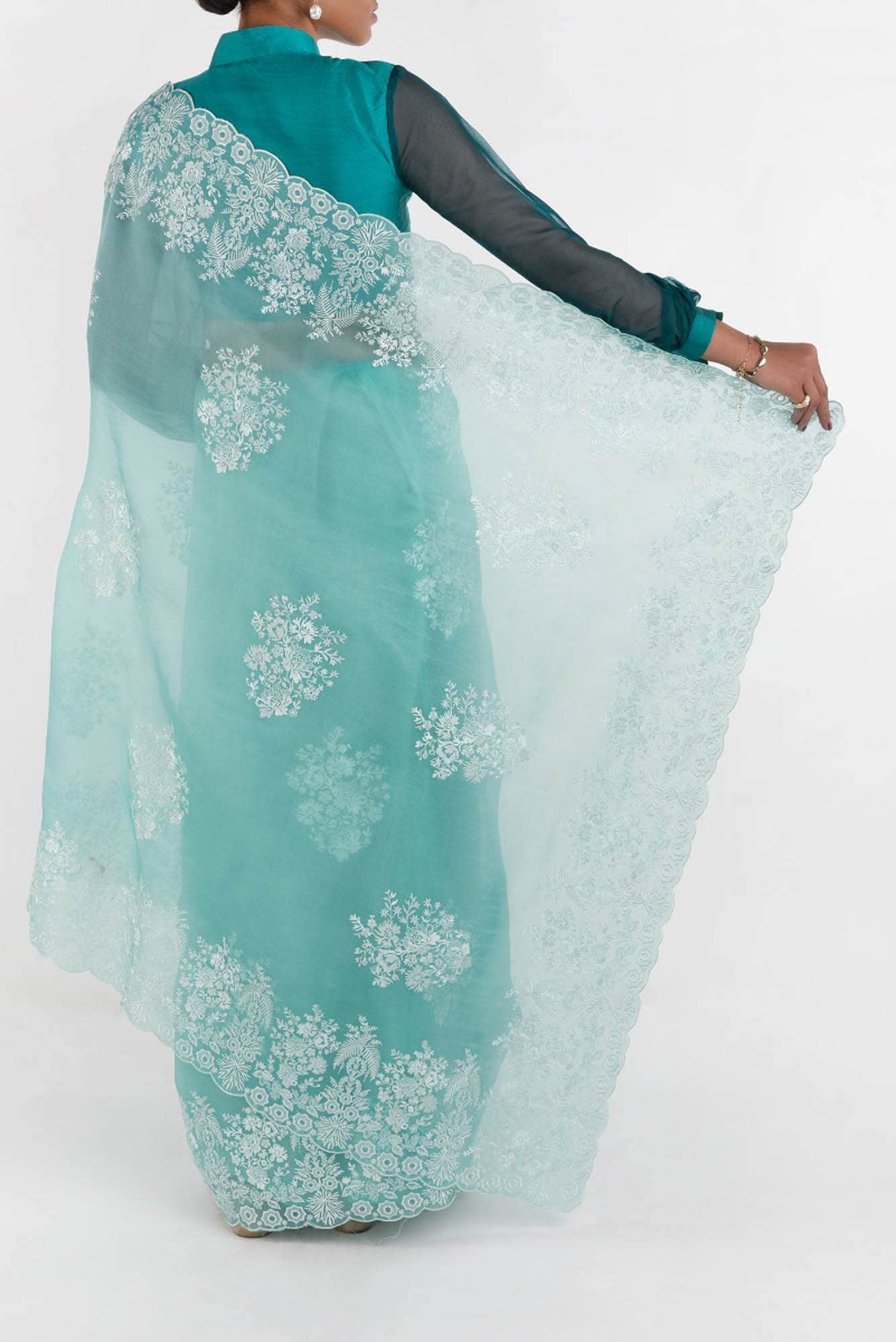 Minerva Turquoise floral design saree from Embroidered Romance Collection by Nalli - Image 5