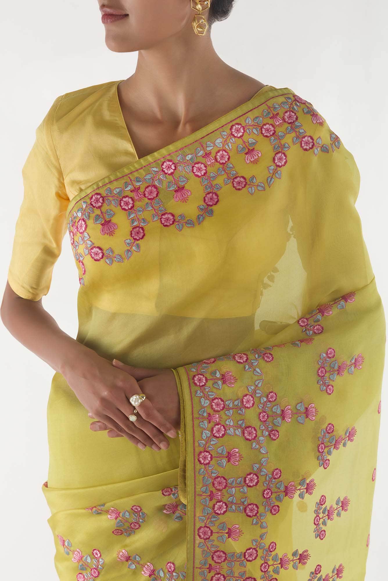 Ethereal Love Lemon Yellow floral design saree from Embroidered Romance Collection by Nalli - Image 2