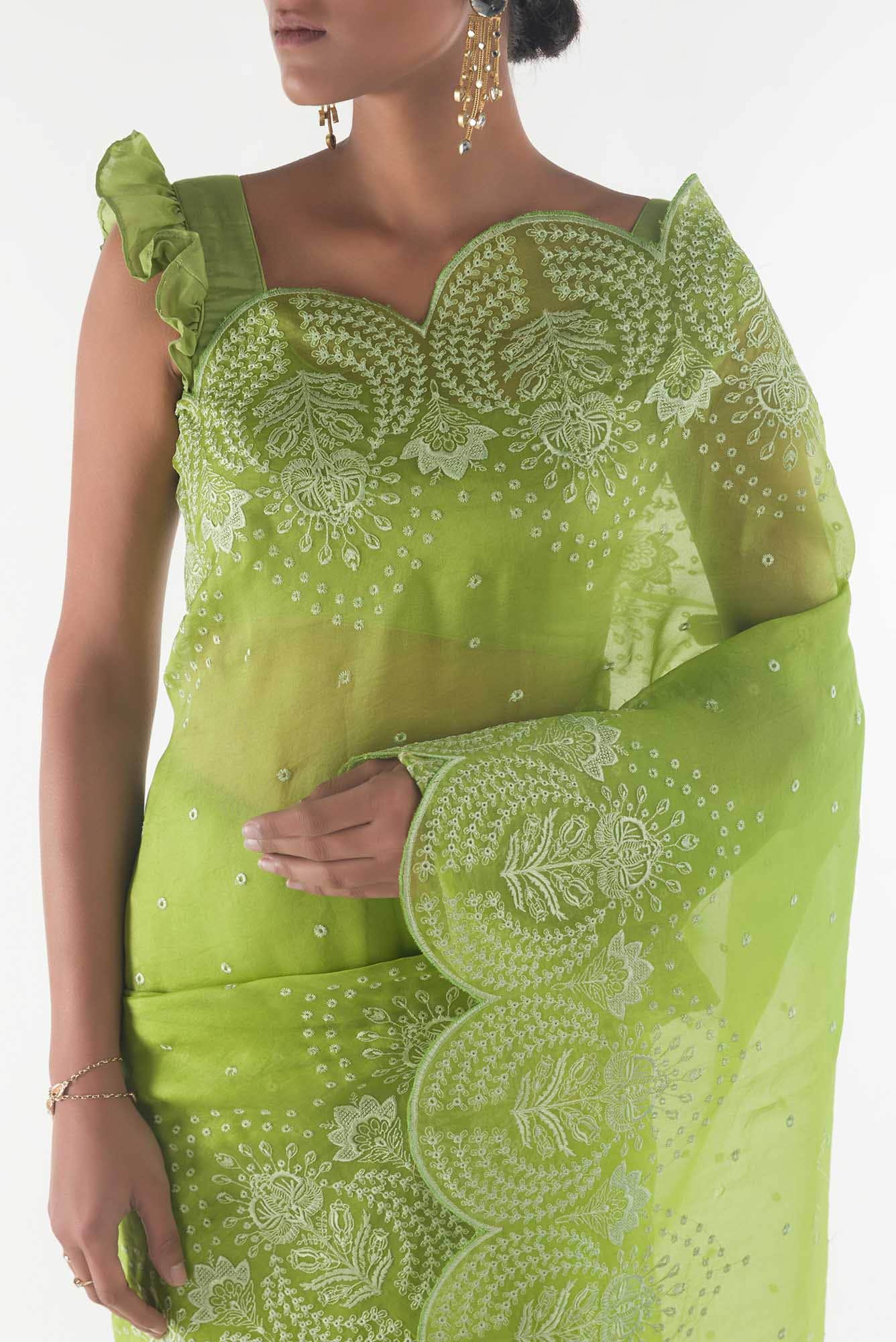 Lovelace Green floral design saree from Embroidered Romance Collection by Nalli - Image 2