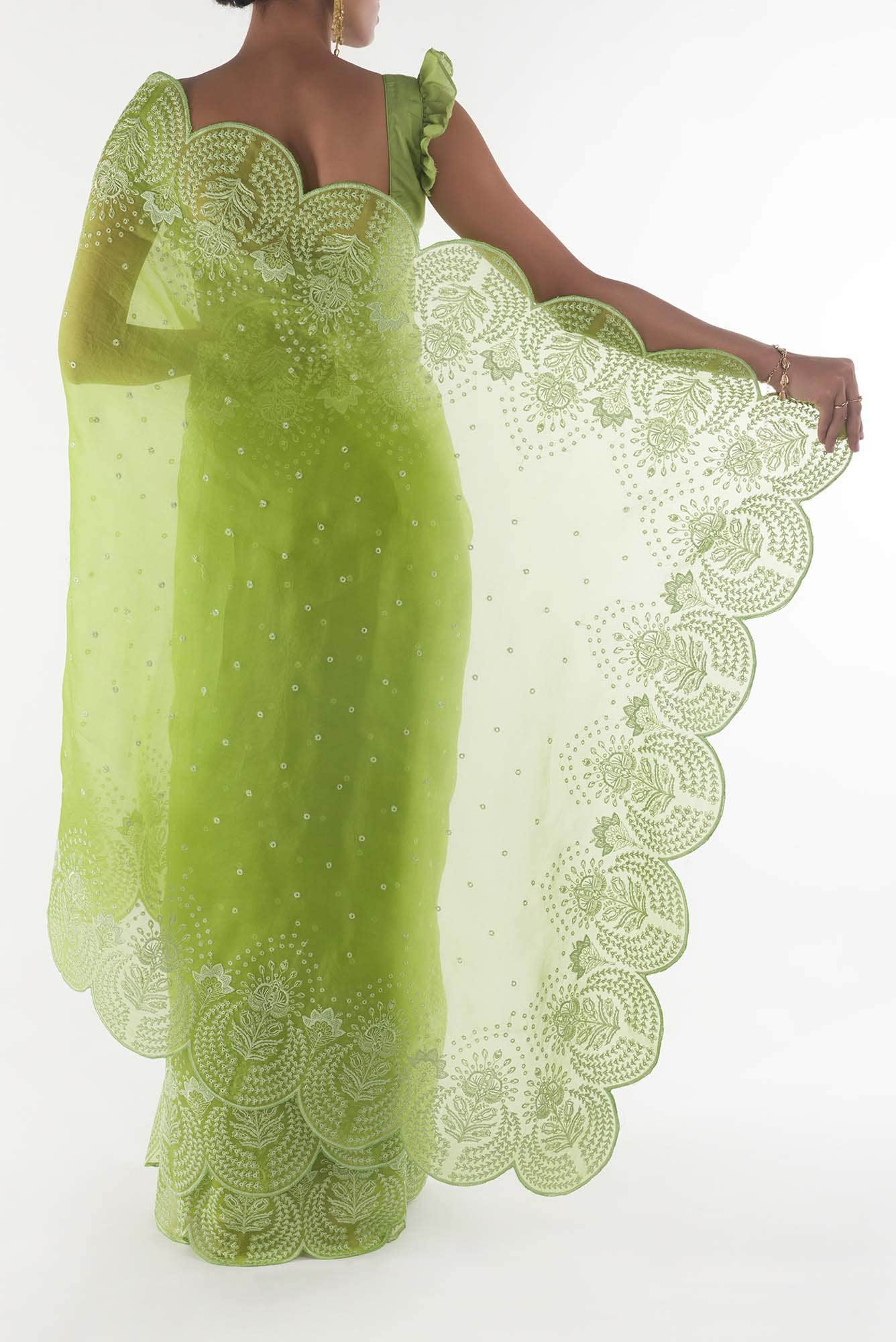 Lovelace Green floral design saree from Embroidered Romance Collection by Nalli - Image 5