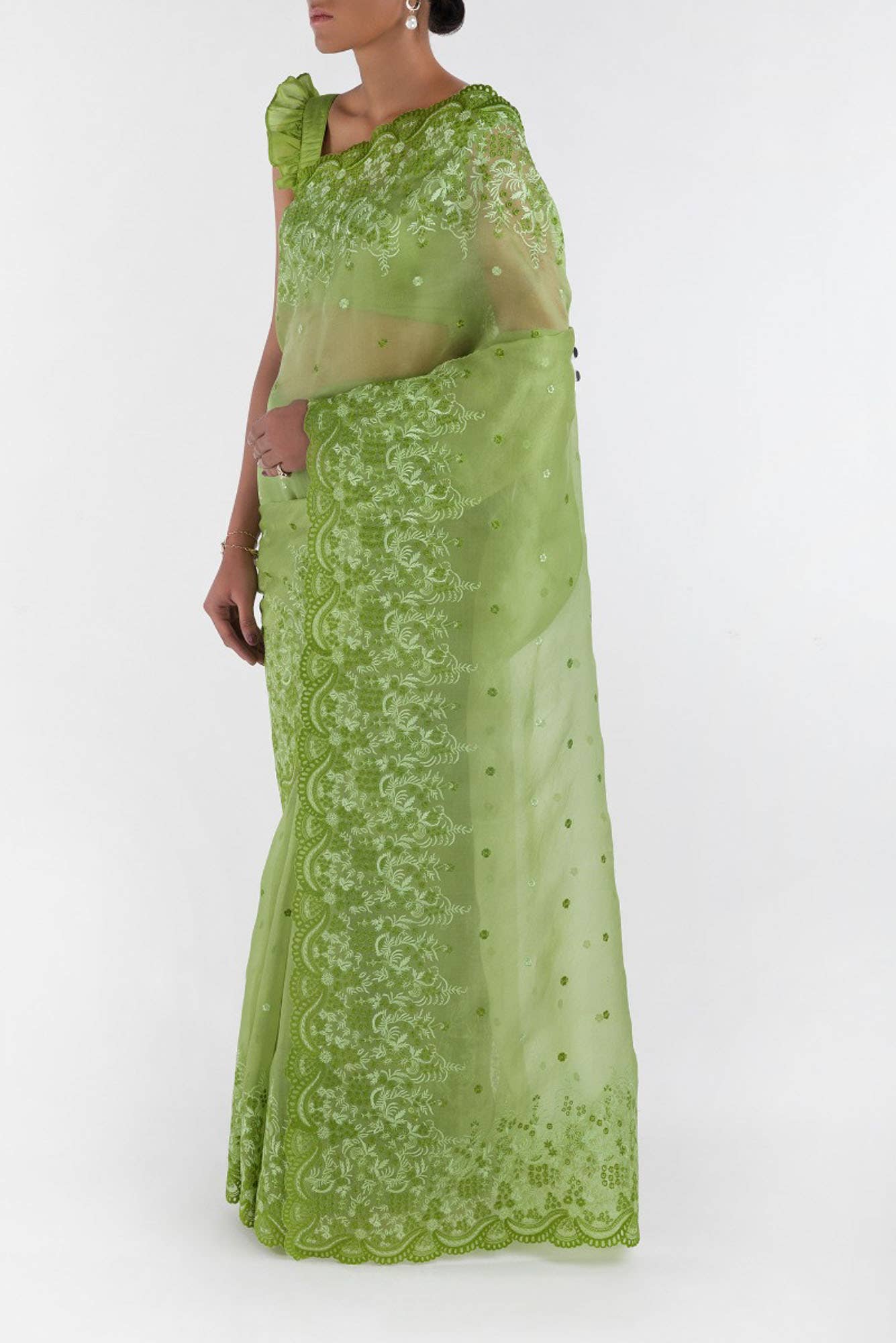 Lover’s lush Green floral design saree from Embroidered Romance Collection by Nalli - Image 4