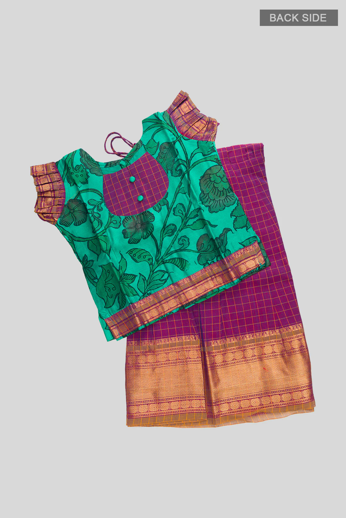 Green Readymade Cotton Pavadai Set | Lehanga & Blouse - Image 3