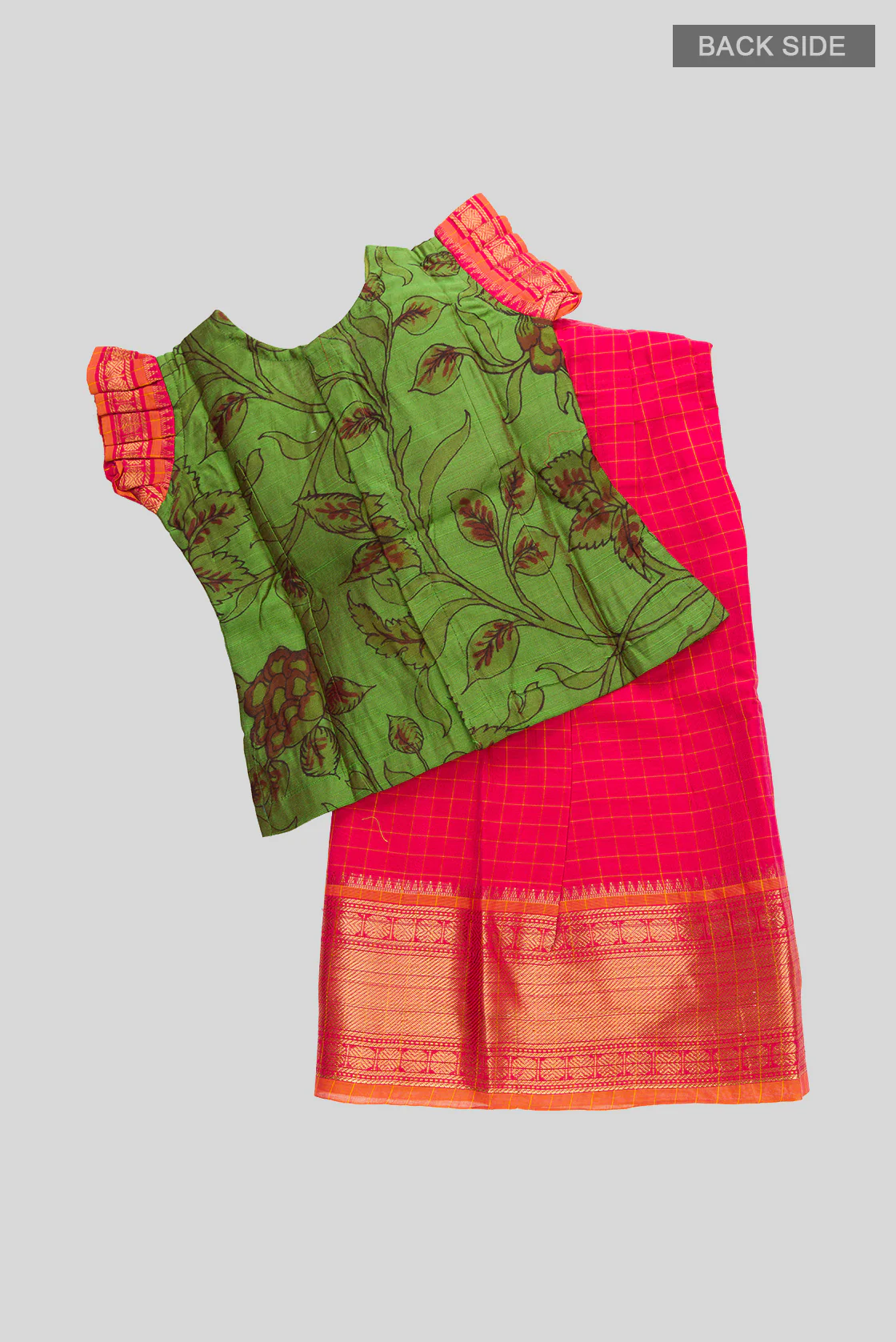 Green Readymade Cotton Pavadai Set  | Lehanga & Blouse - Image 3