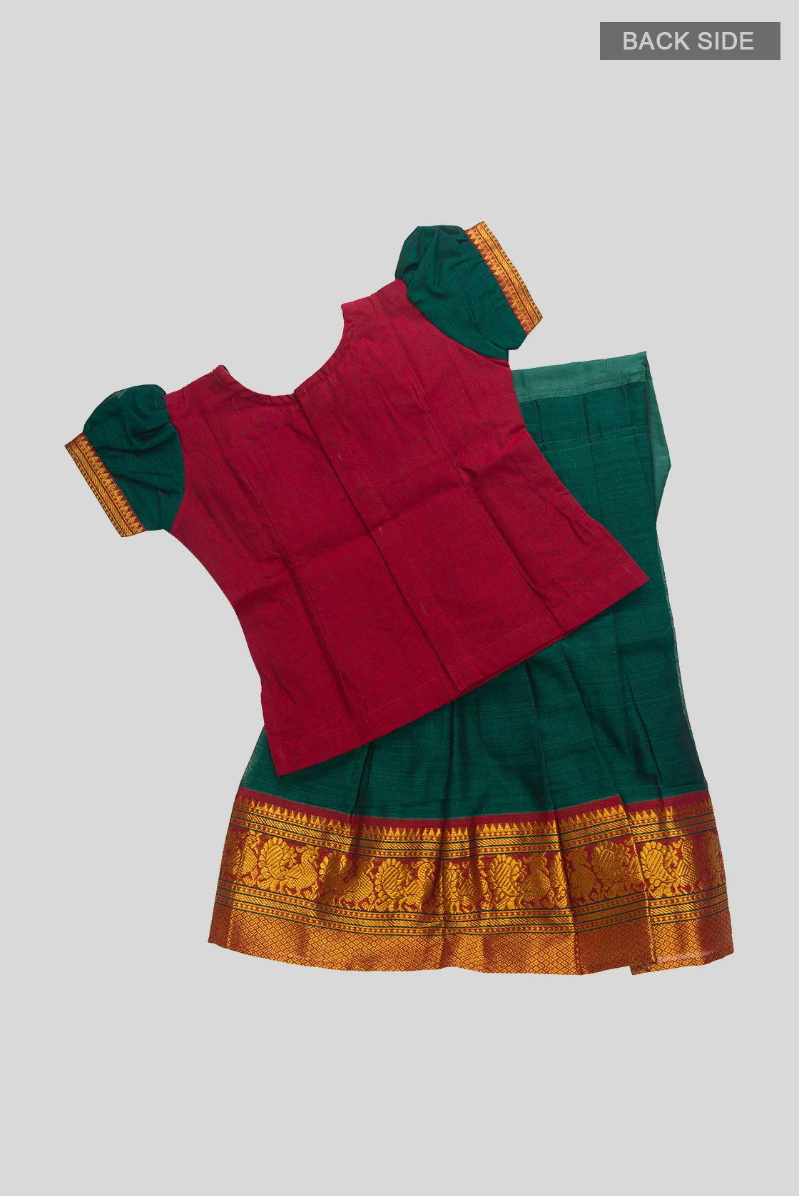 Green Readymade Cotton Pavadai Set  | Lehanga & Blouse - Image 3