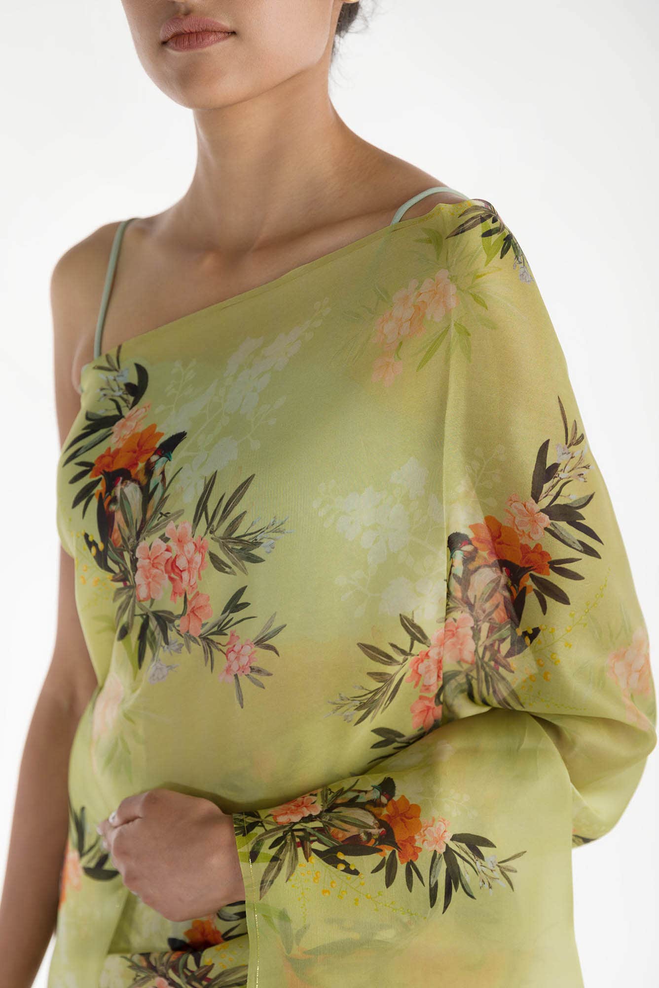 Enigmatic bulbuls Pista Green Satin Organza Saree - Image 2