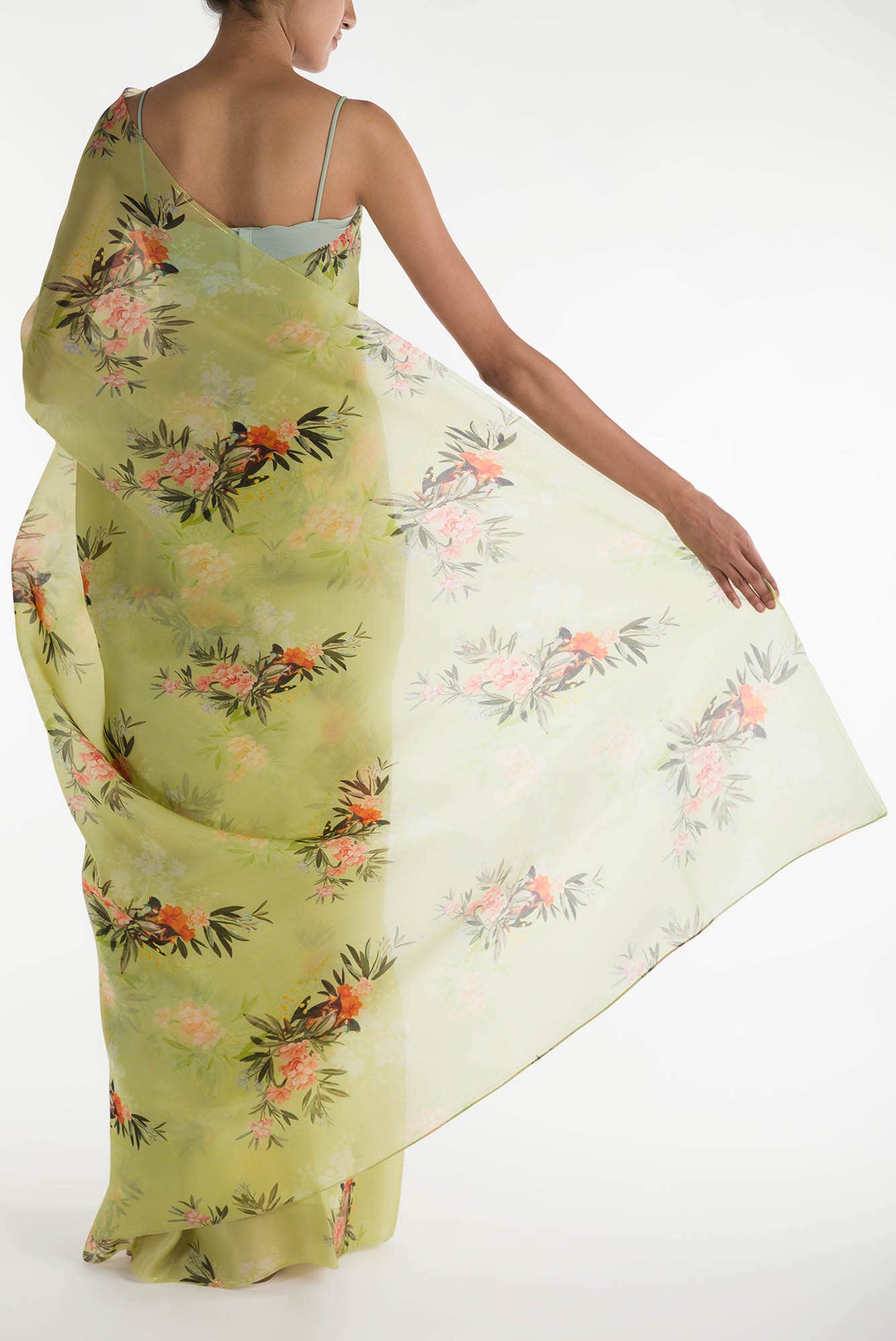 Enigmatic bulbuls Pista Green Satin Organza Saree - Image 3