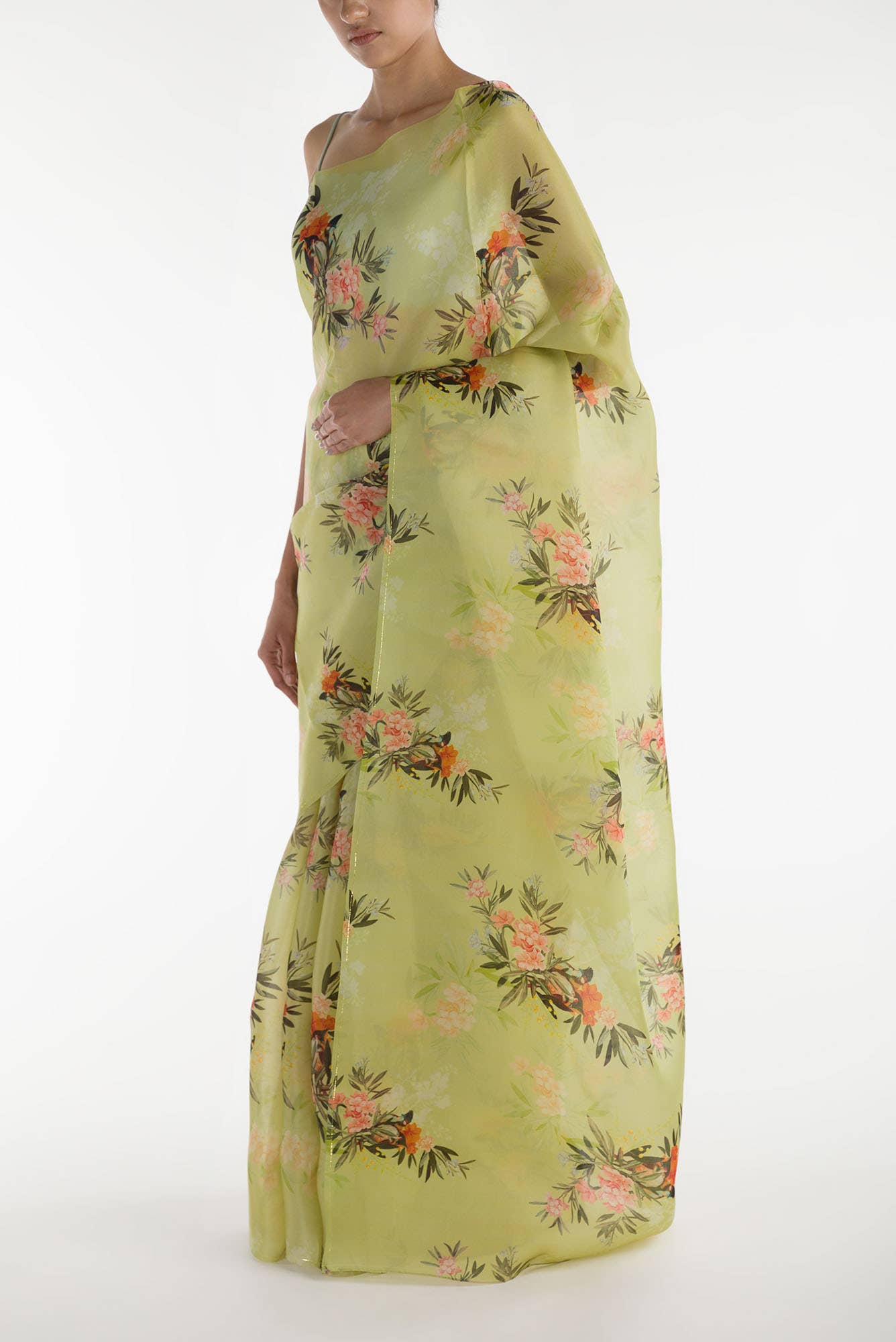 Enigmatic bulbuls Pista Green Satin Organza Saree - Image 4