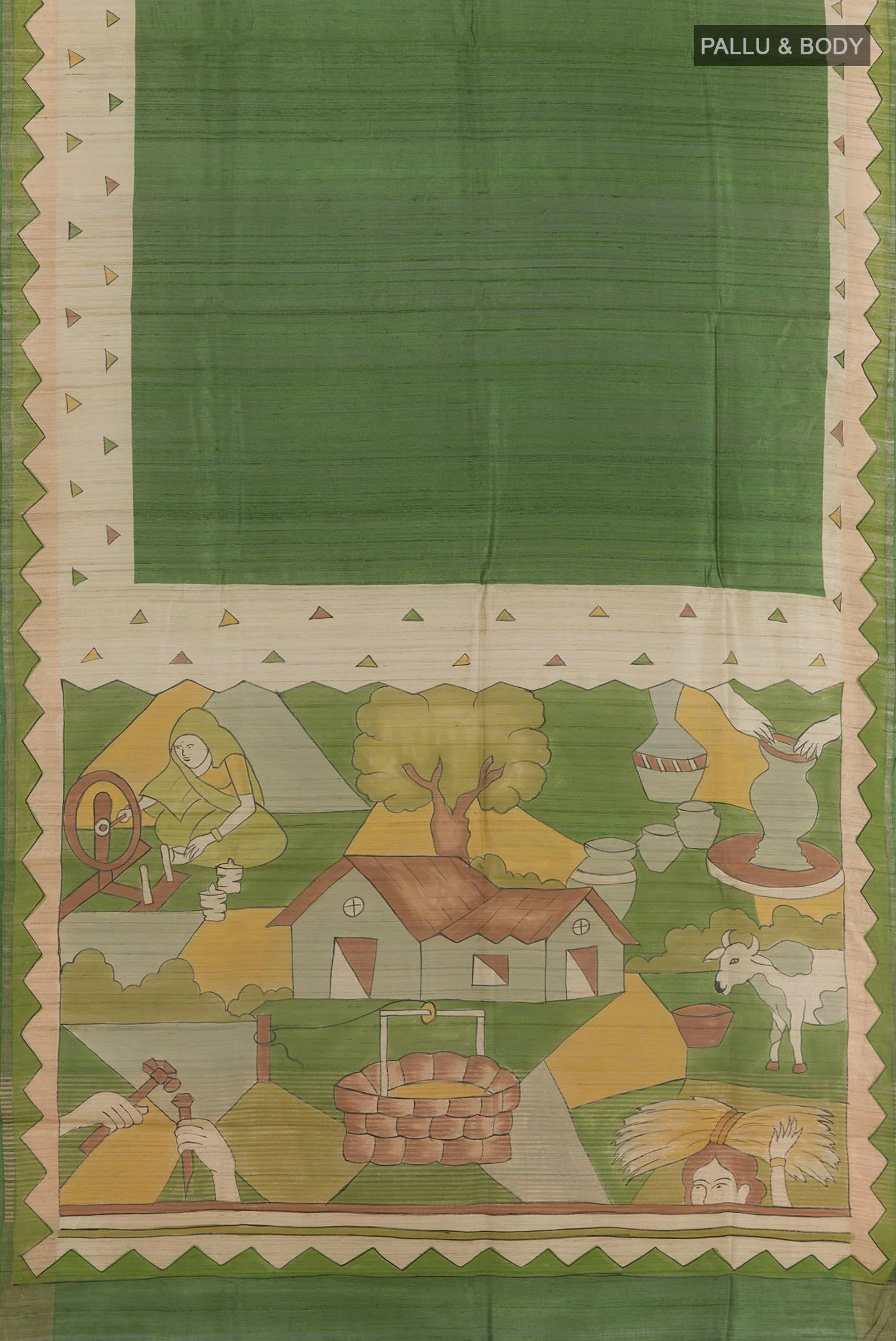 Olive Green Tussar Silk Saree - Image 3