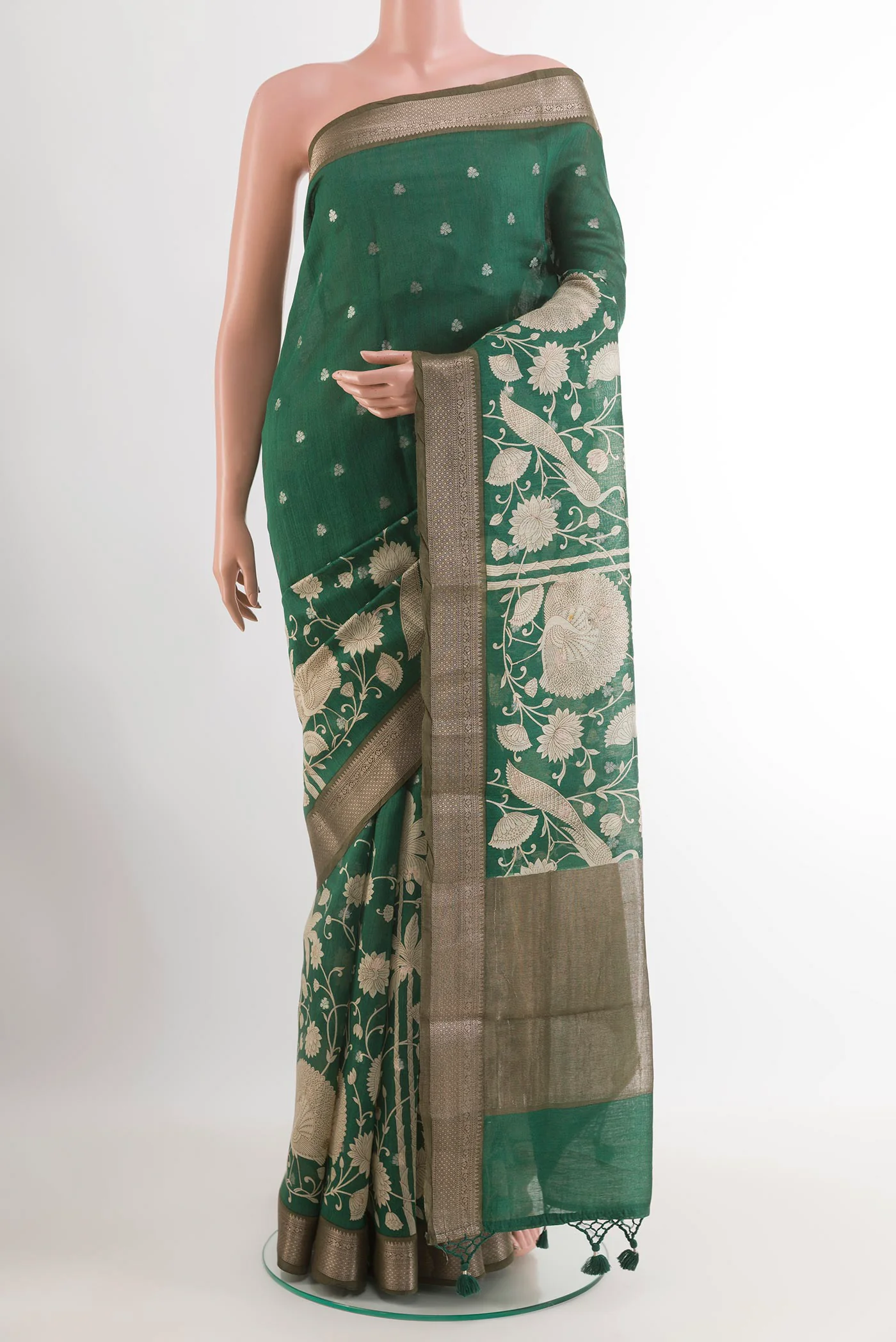 Bottle Green Tussar Silk Saree