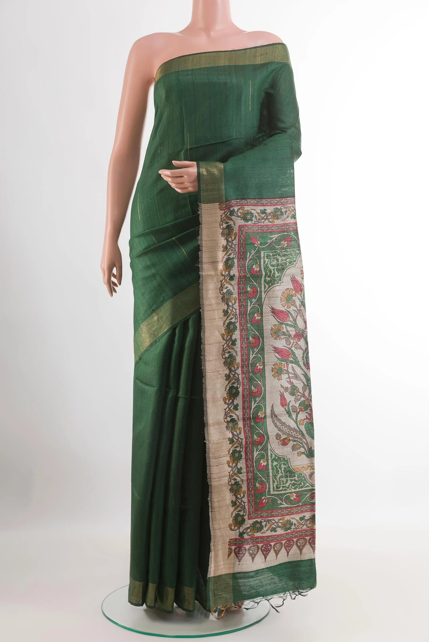 Bottle Green Tussar Silk Saree