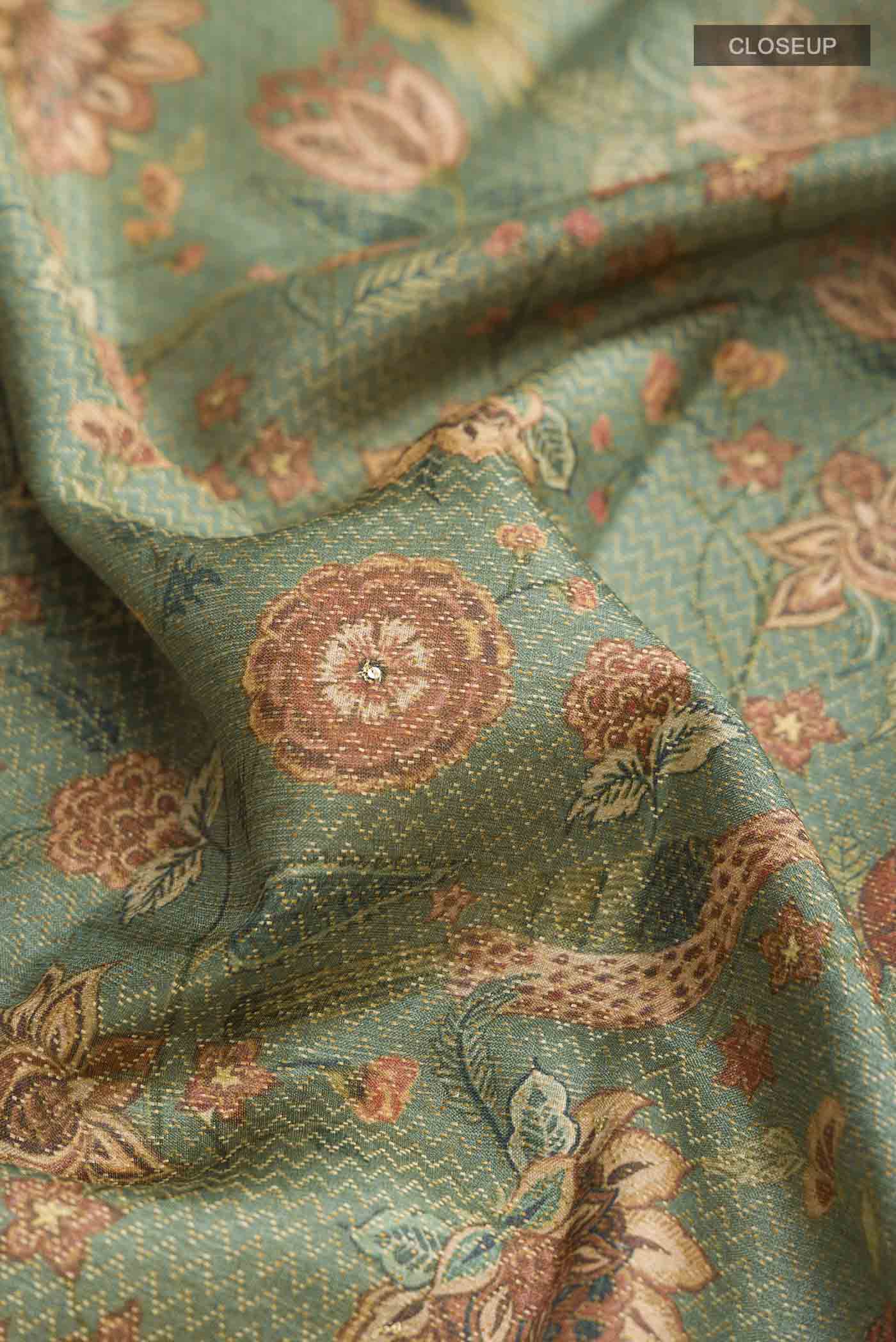 Green Tussar Silk Saree - Image 2