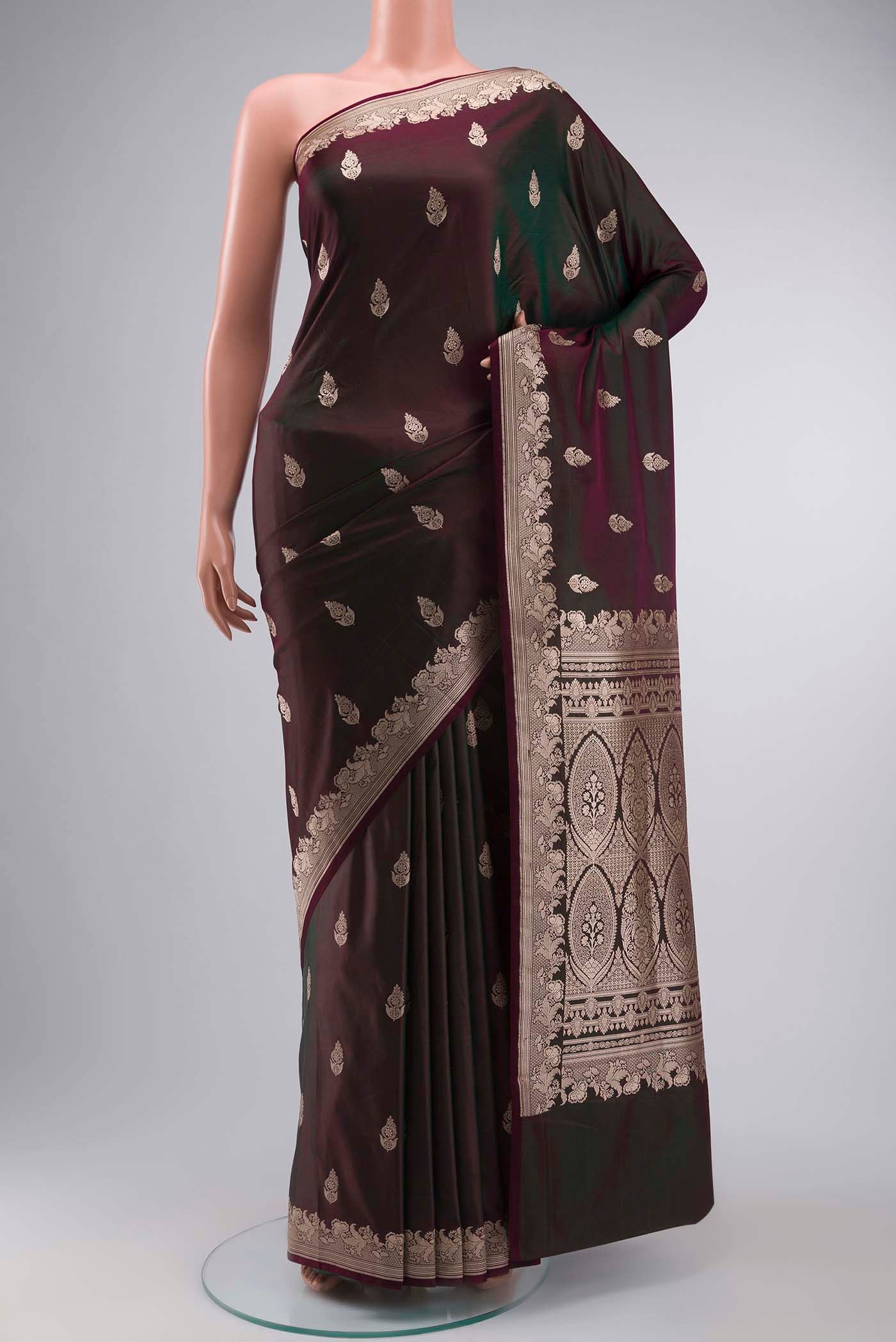 Green with Brown Color Blended Banarasi Silk Saree