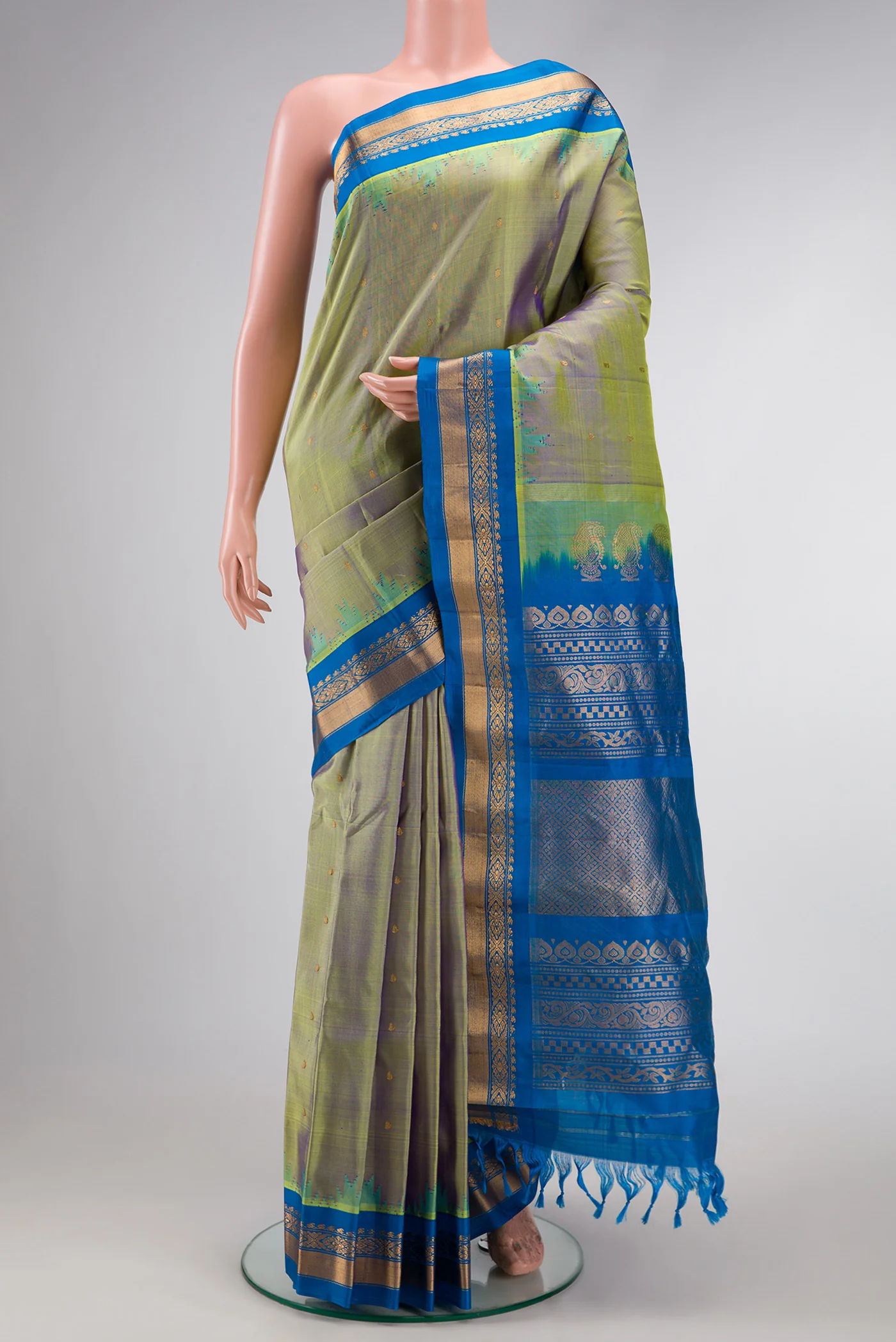 Green with Sky Blue Color Gadwal Silk Saree
