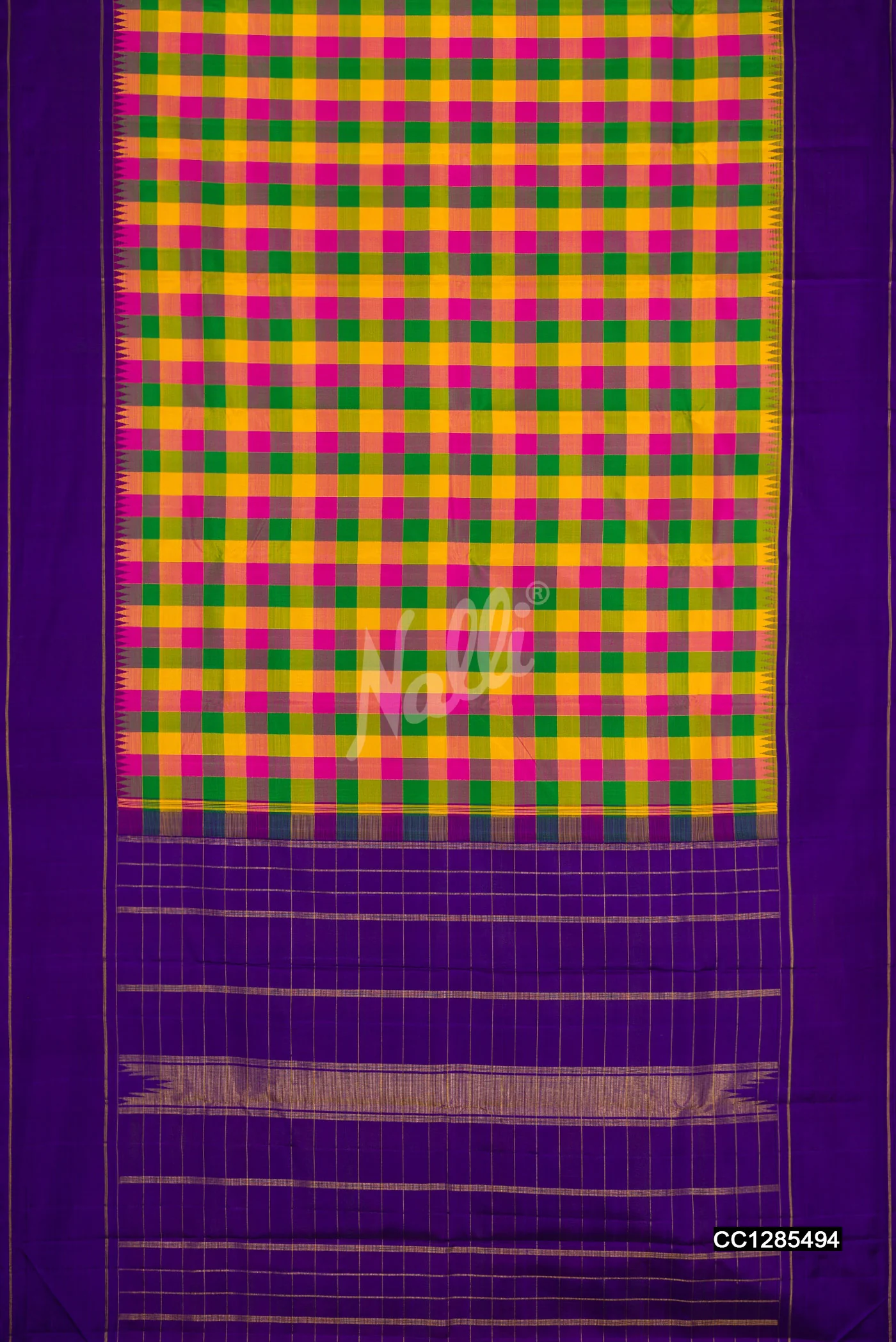 Green , Yellow and Pink Dual Tone Kanchipuram Silk Saree