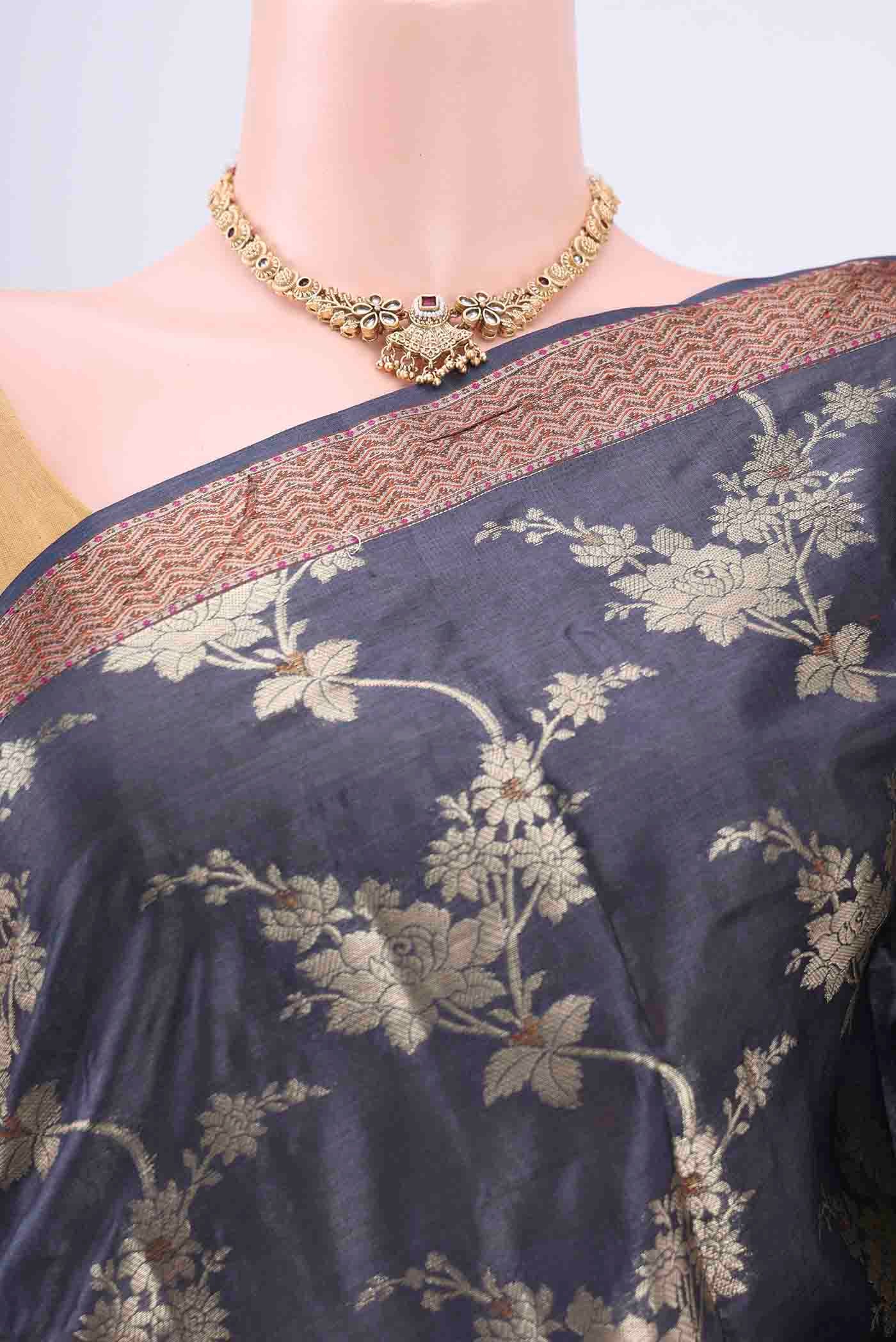 Navy Blue Banarasi Tussar Silk Saree - Image 2