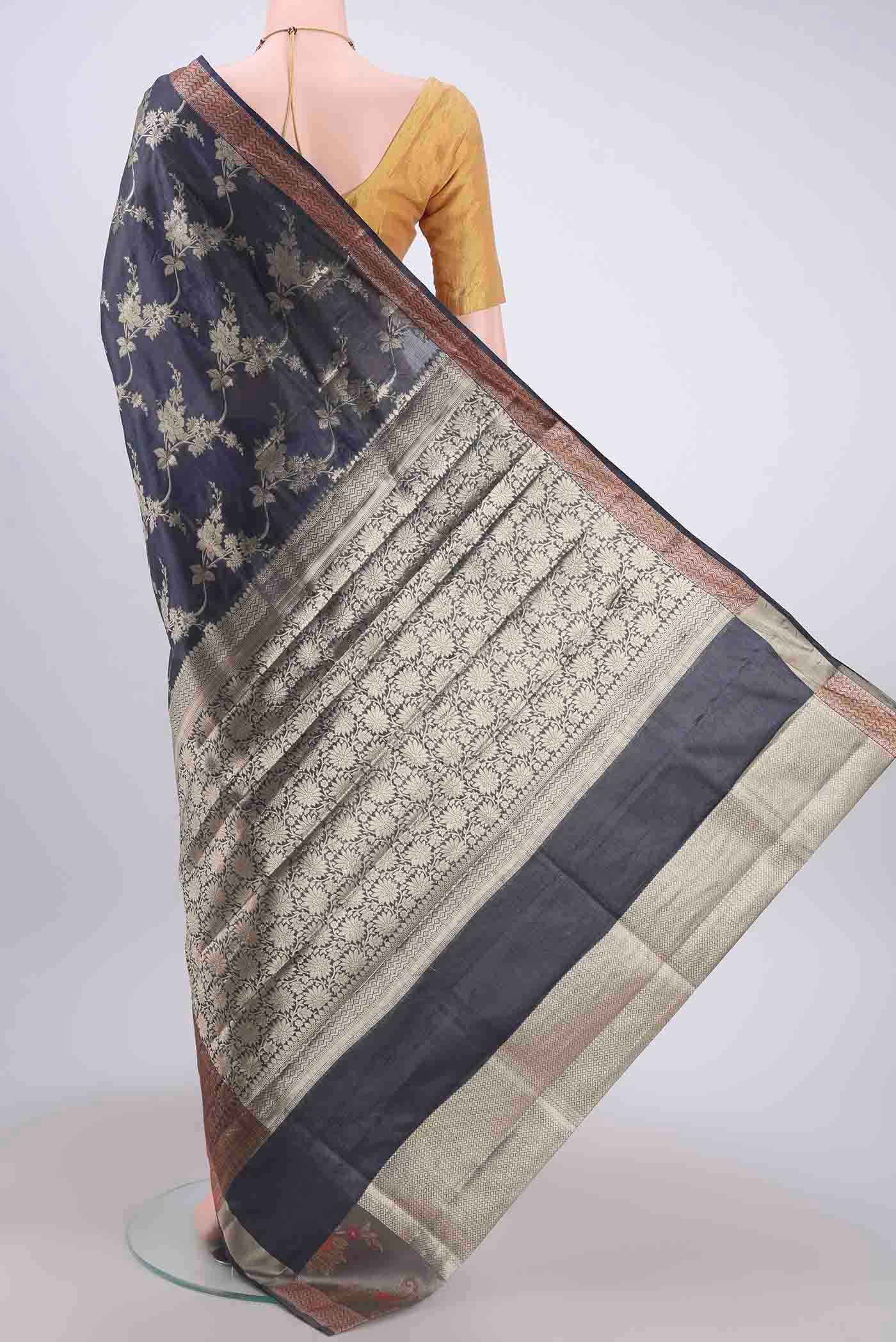 Navy Blue Banarasi Tussar Silk Saree - Image 3