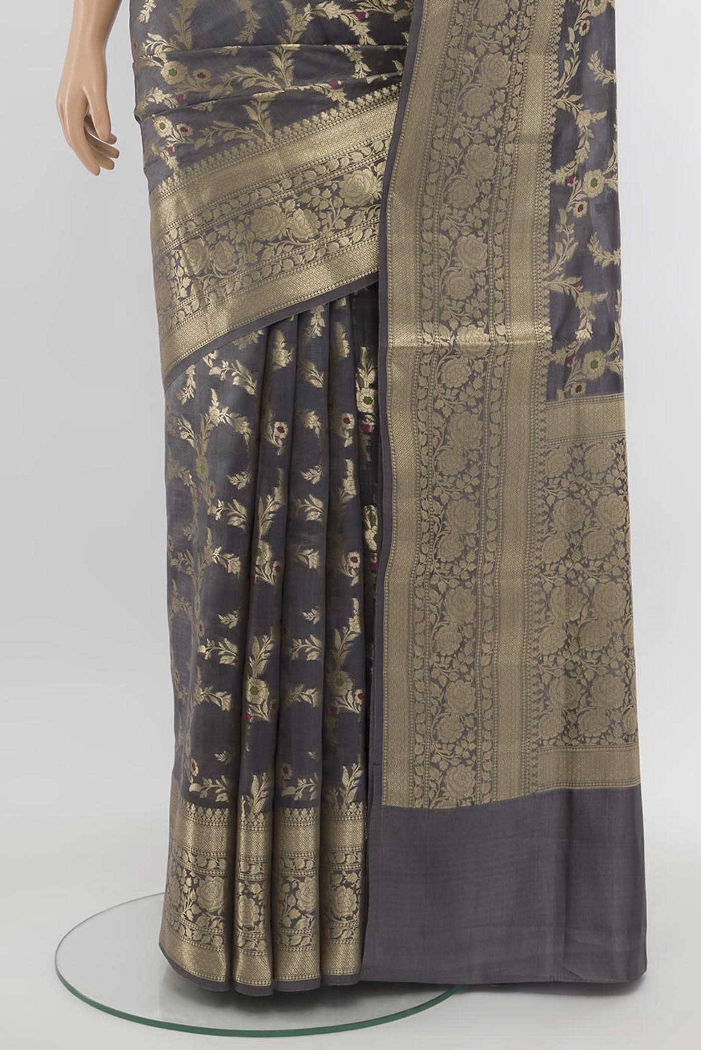 Grey Banarasi Raw Silk Saree - Image 3