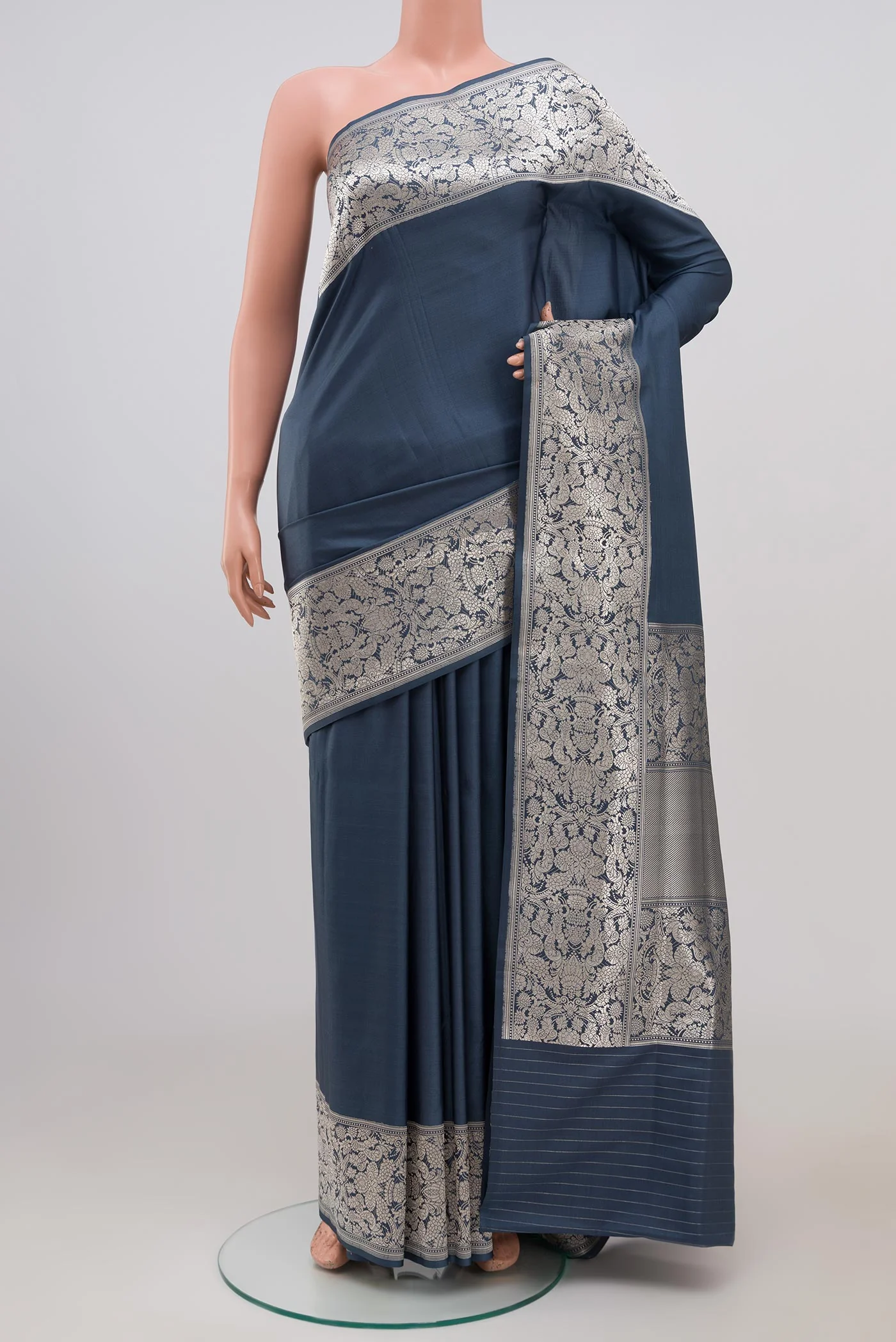 Blue Grey Banarasi Silk Saree