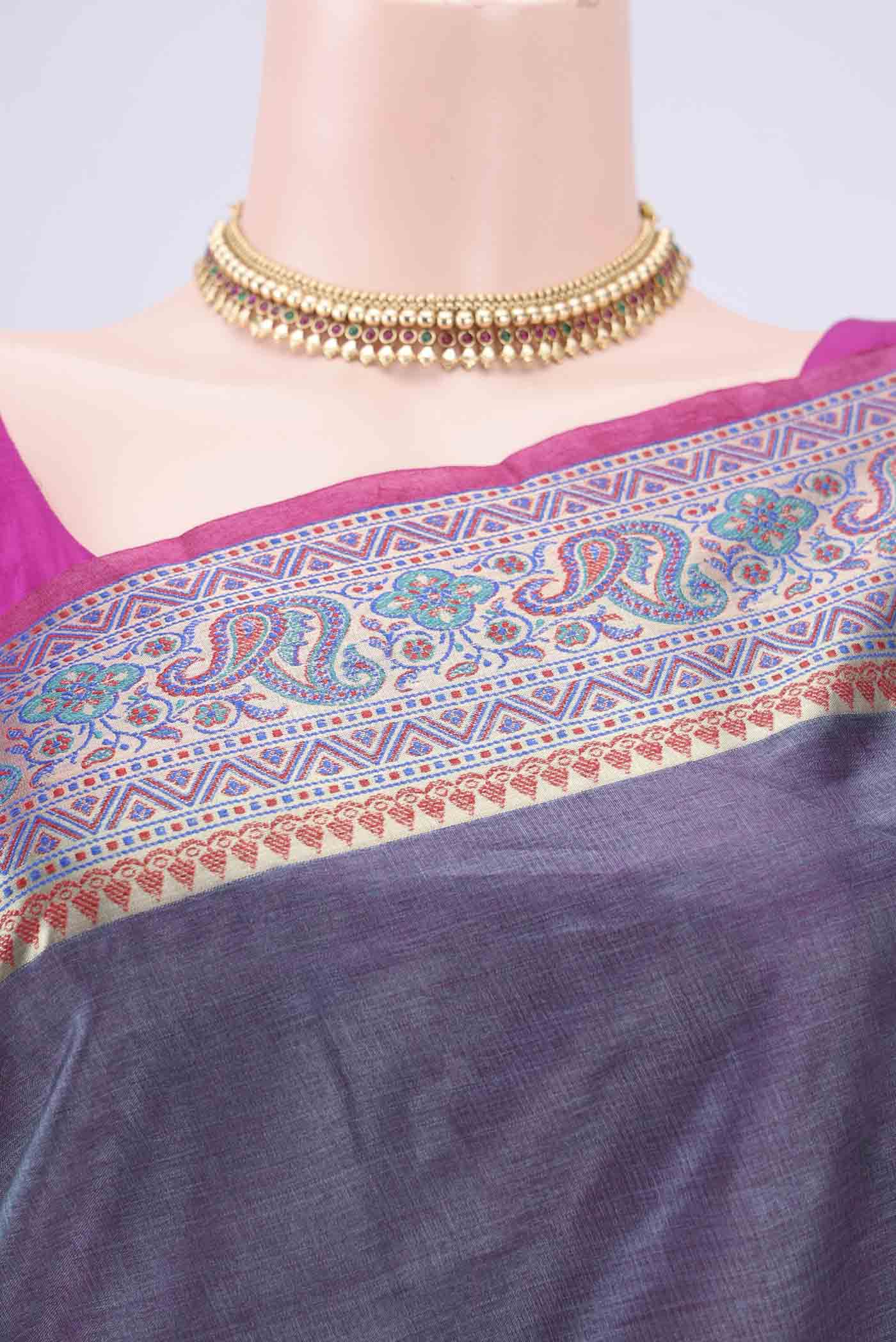 Grey Banarasi Tussar Silk Saree - Image 2