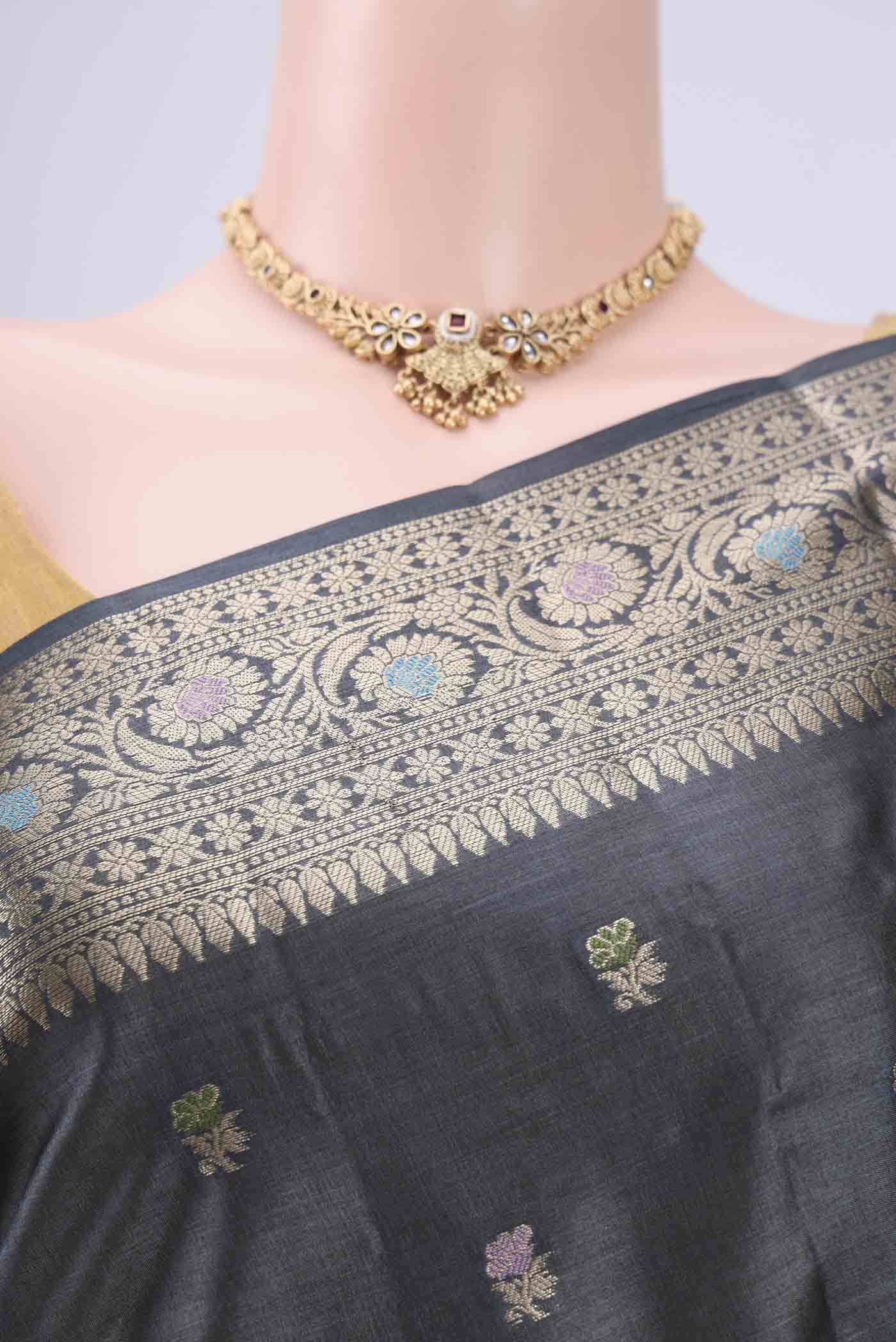 Grey Banarasi Tussar Silk Saree - Image 2