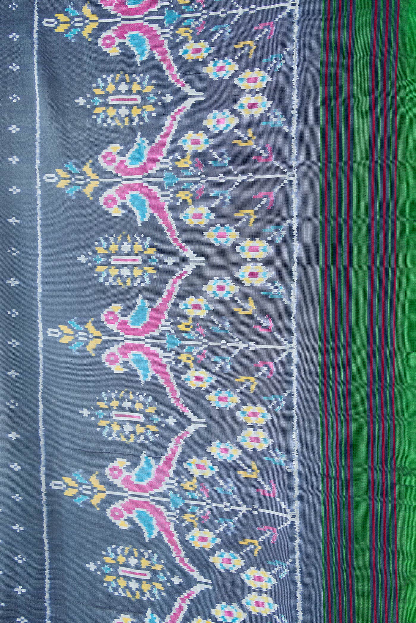 Blue Grey Double Ikat Saree - Image 3